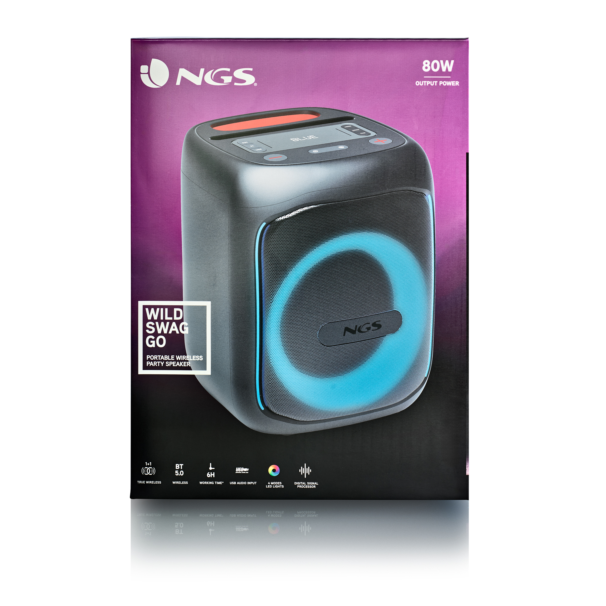 Un altavoz de fiesta inalámbrico portátil NGS negro en una caja. Tiene luces azules. La caja tiene texto y logotipos.