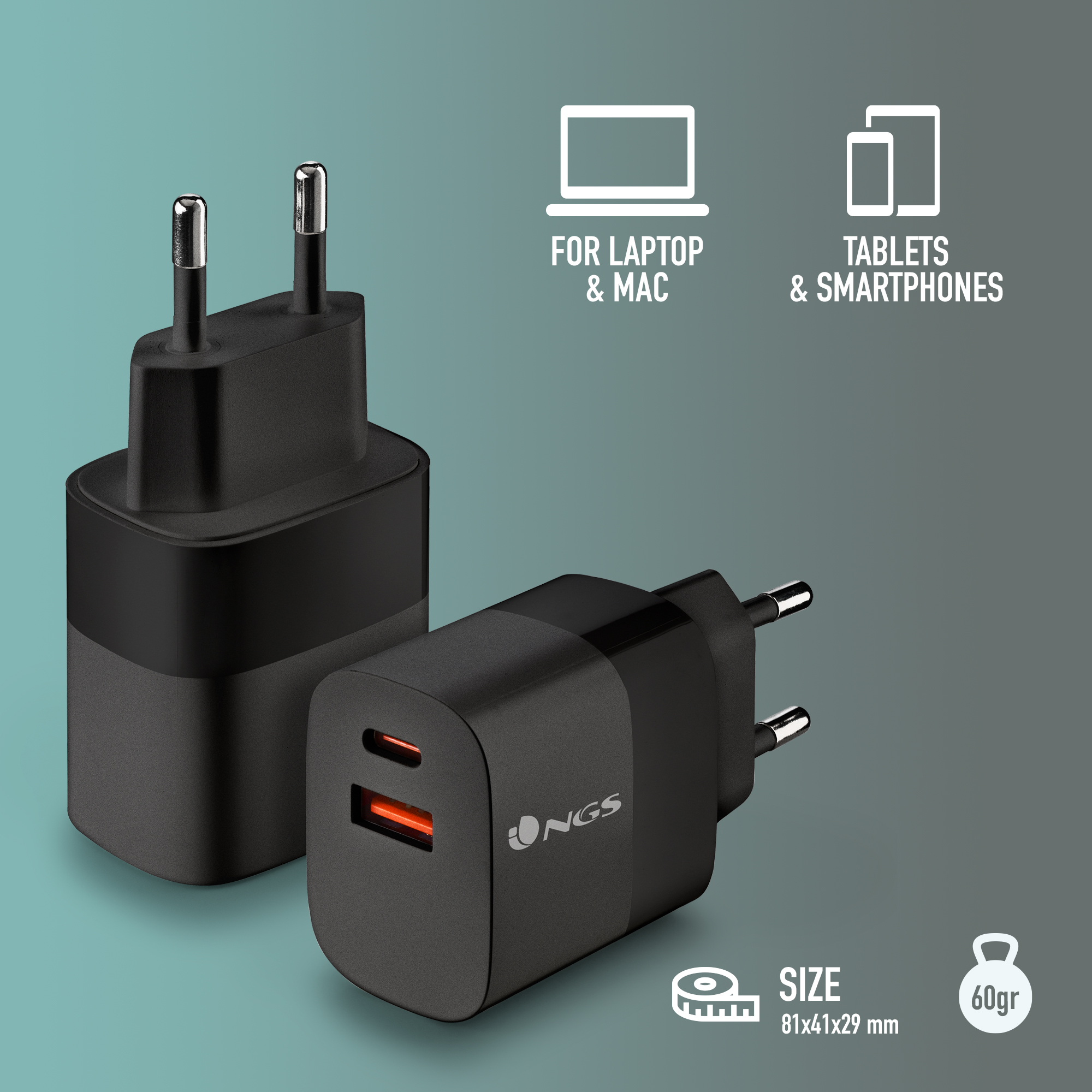 Zwei schwarze Ladegeräte mit silbernen Stiften. Eines ist abgewinkelt und zeigt rote Ladeanschlüsse. Symbole weisen auf die Verwendung für Laptops, Tablets und Telefone hin.