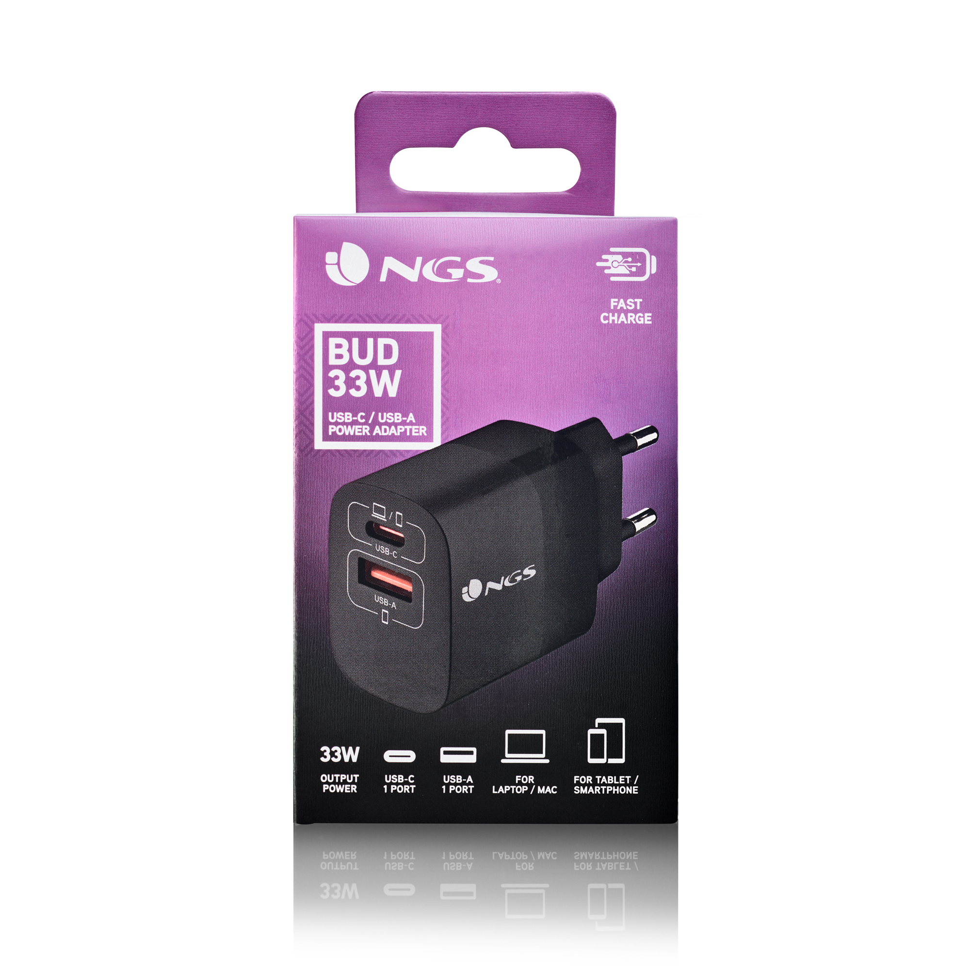 Eine schwarze NGS Bud 33W Netzadapterbox. Sie hat USB-C- und USB-A-Anschlüsse und ist für Tablet/Smartphone konzipiert.
