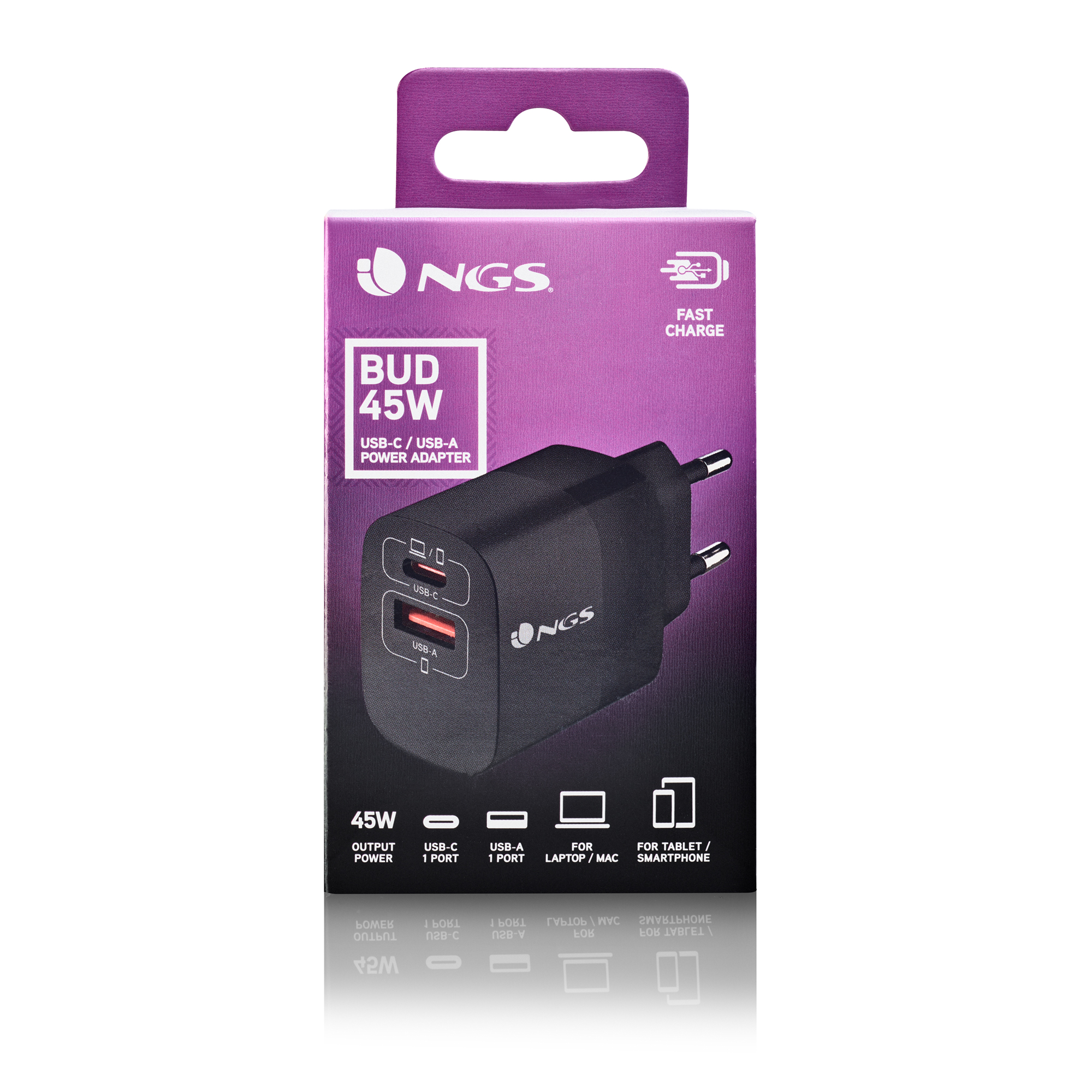 Ein schwarzes NGS Bud 45W USB-C/USB-A Netzteil in seiner Verpackung. Verfügt über Schnellladung und Anschlüsse für Laptop/Mac und Tablet/Smartphone.
