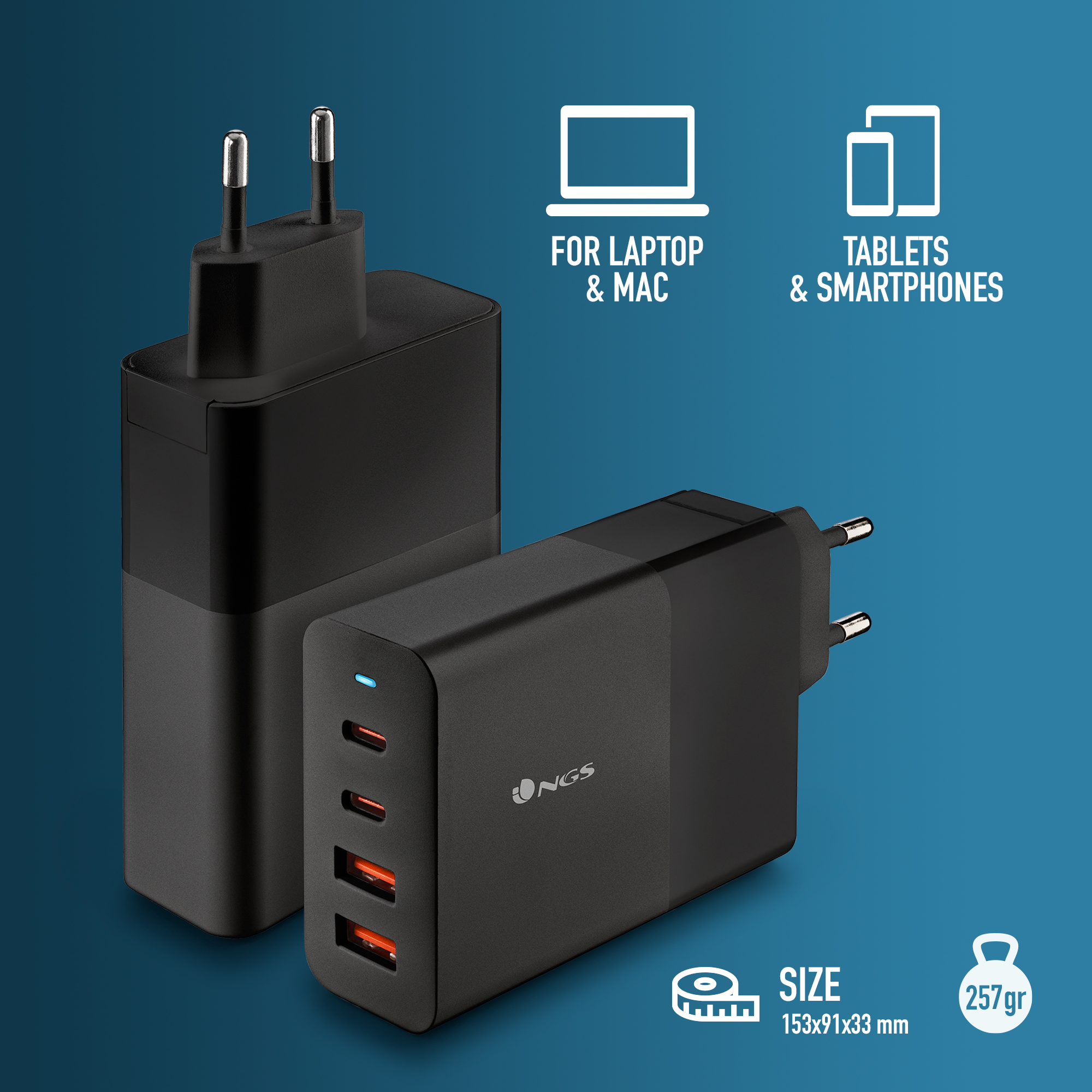 Dos cargadores negros sobre fondo azul, uno con tres puertos USB. Texto: Para portátil y Mac, Tablets y Smartphones.