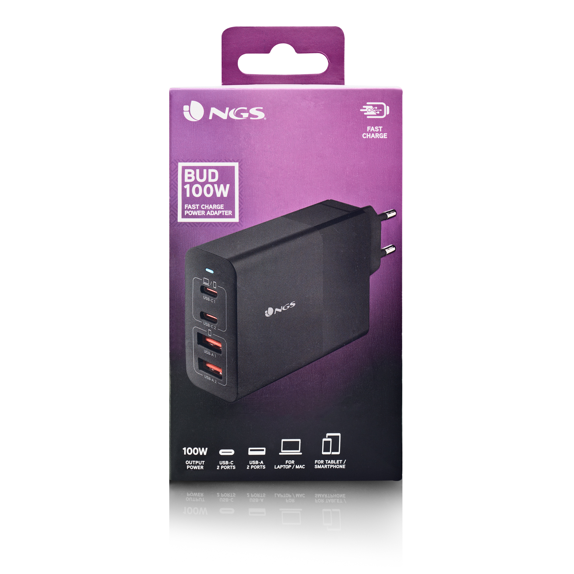 Un cargador NGS Bud 100W negro con puertos USB. El texto incluye 'Fast Charge' y '100W'. El fondo es morado.