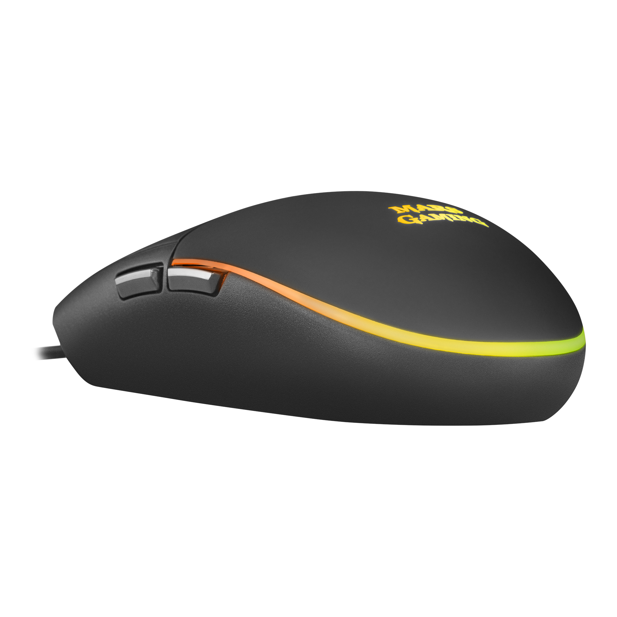 Ratón gaming negro con detalles naranja y amarillo. Tiene dos botones laterales y un borde luminoso.