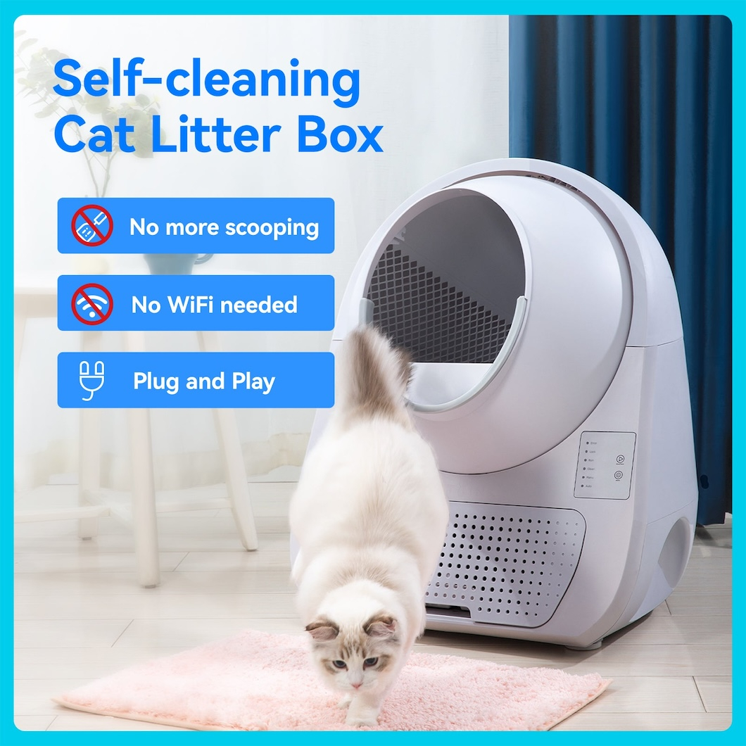 Eine weiße, selbstreinigende Katzentoilette. Eine Katze geht auf den Betrachter zu. Text: kein Schaufeln mehr, kein WLAN erforderlich, Plug and Play.