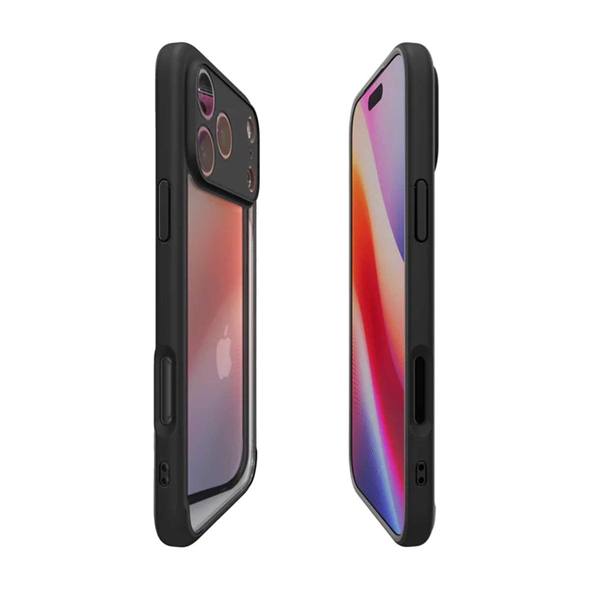 Twee zwarte telefoonhoesjes, één met zichtbare camera's, de andere met een kleurrijk scherm, beide staan ​​naast elkaar tegen een witte achtergrond.