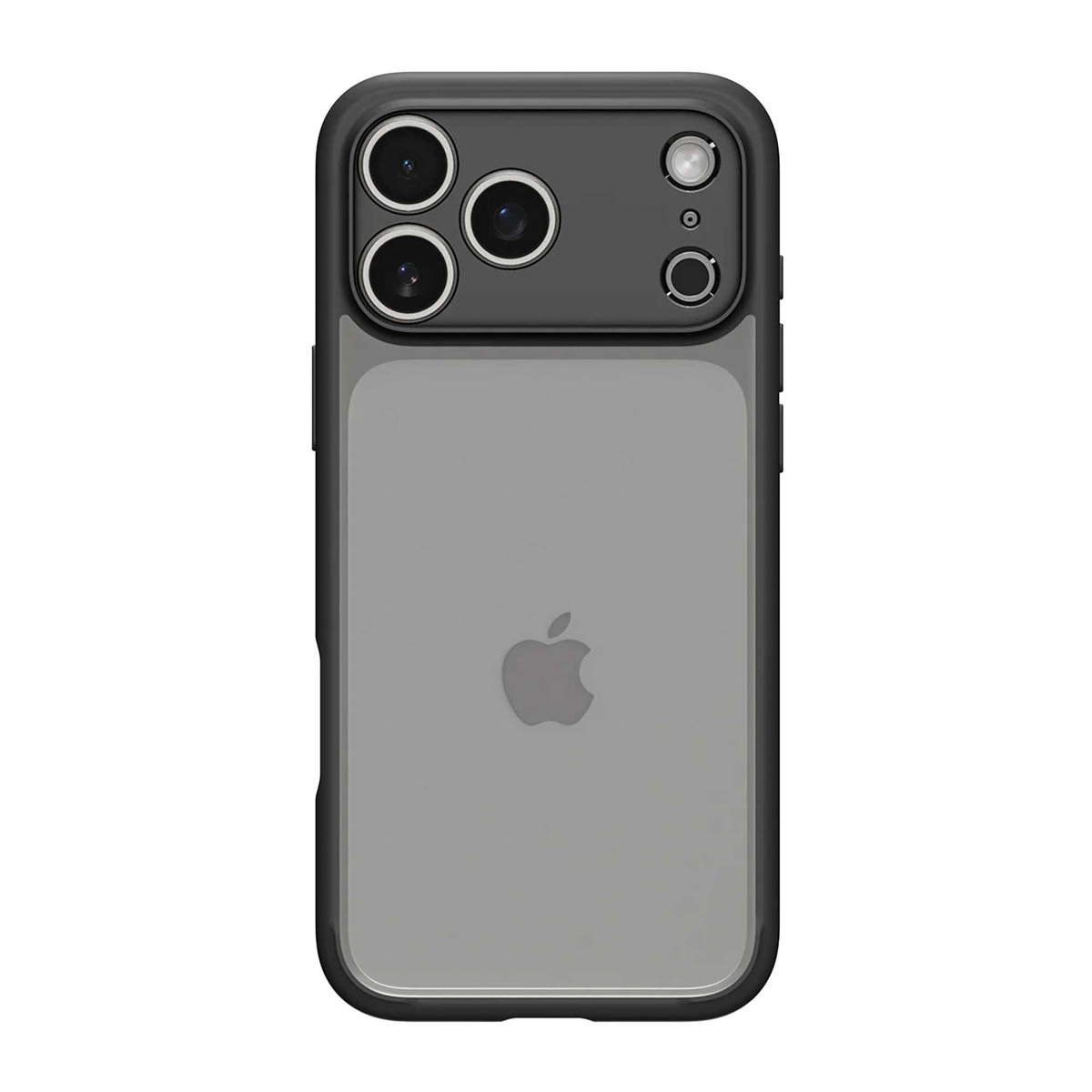 Een smartphone in een zwarte hoes. De achterkant van de telefoon is grijs, met een zilveren Apple-logo. De camera is bovenaan.