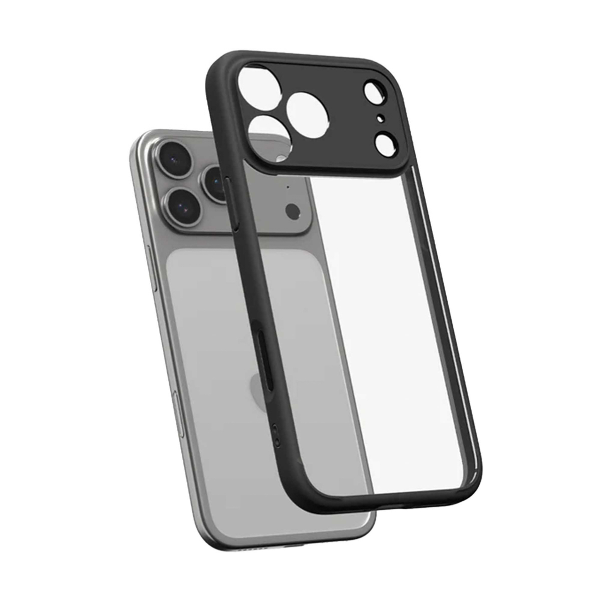 Een doorzichtige telefoonhoes met een zwart frame wordt getoond naast een zilveren telefoon. De hoes staat los van de telefoon.