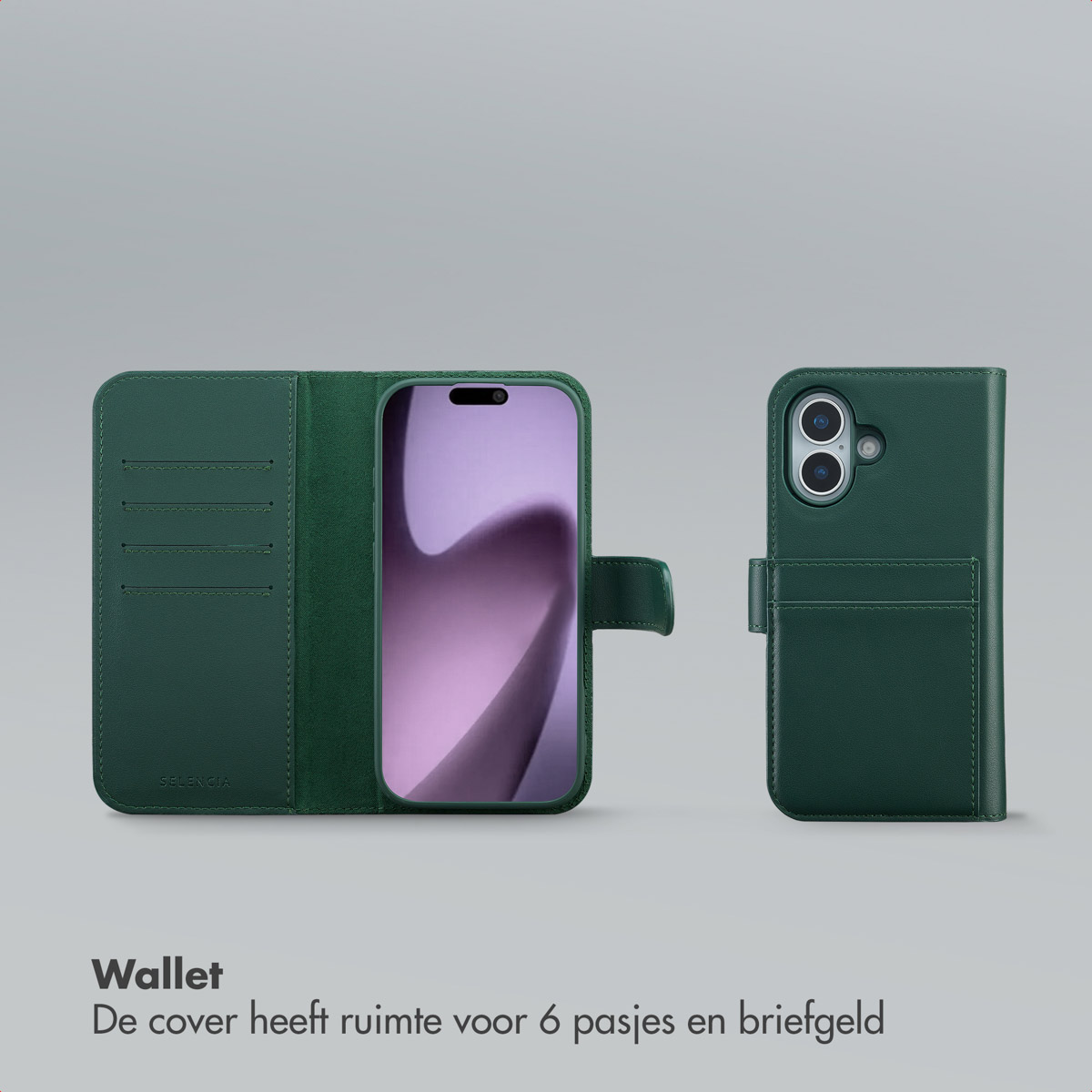 Een groene telefoonportemonnee, open en dicht, met een telefoon. Tekst onderaan: "Portemonnee" en "De hoes biedt ruimte voor 6 kaarten en portemonnee."