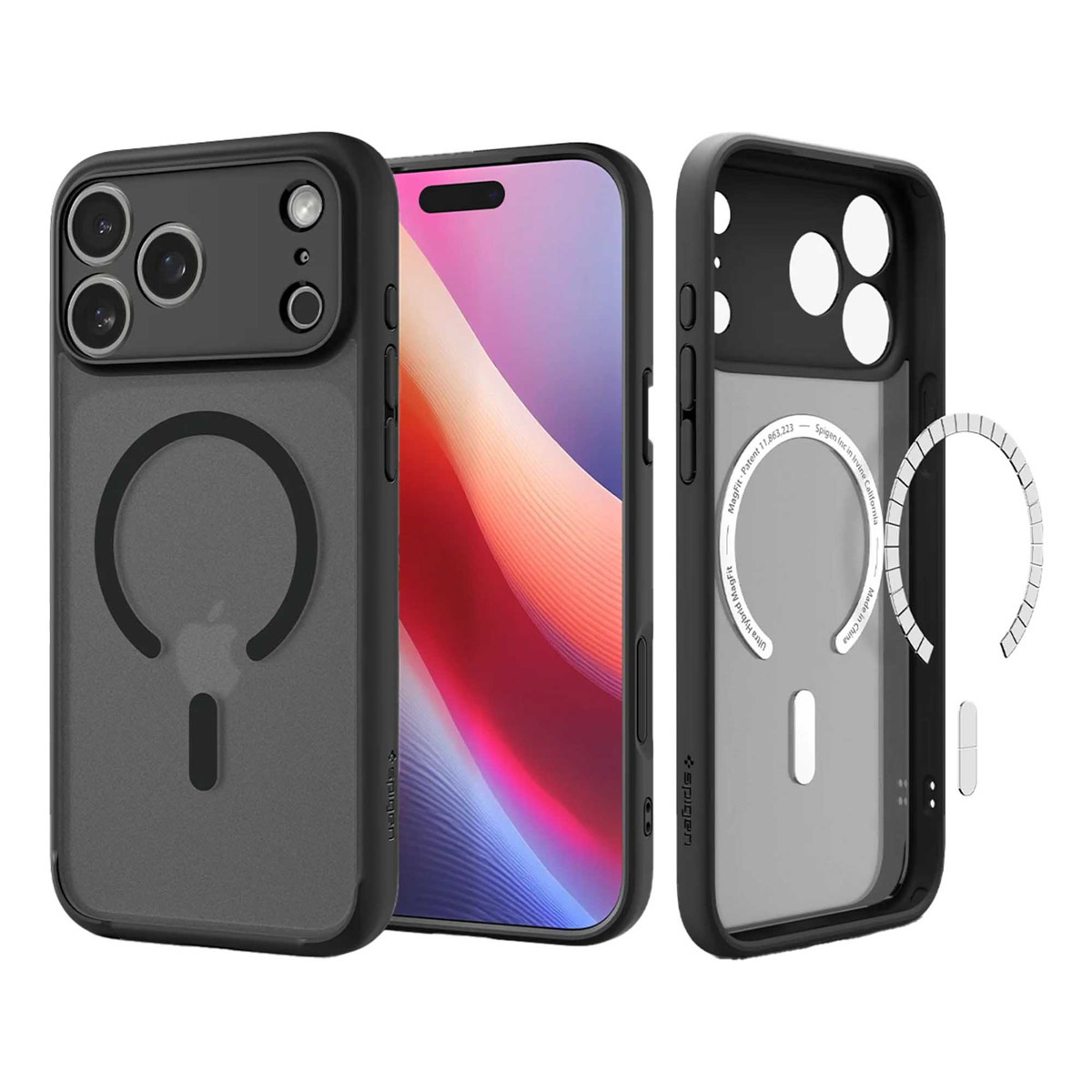 Trois étuis de téléphone noirs et un téléphone. Un étui est démonté. Le téléphone a un écran coloré. Les étuis portent la marque Spigen.