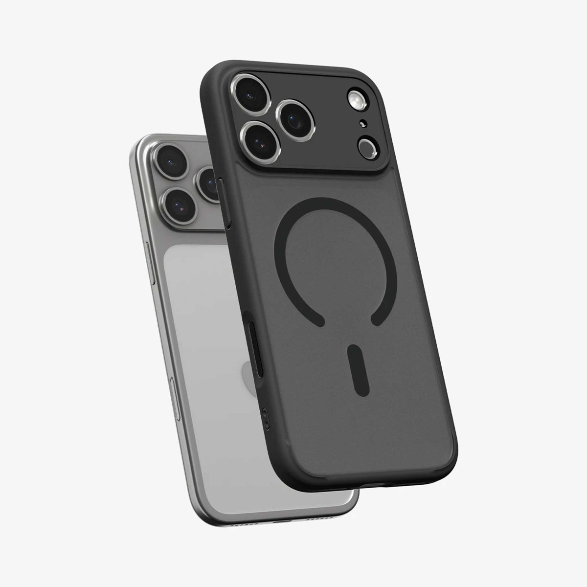 Deux coques de téléphone noires et argentées sur fond blanc. L'une est noire, avec un design circulaire. L'autre est transparente.