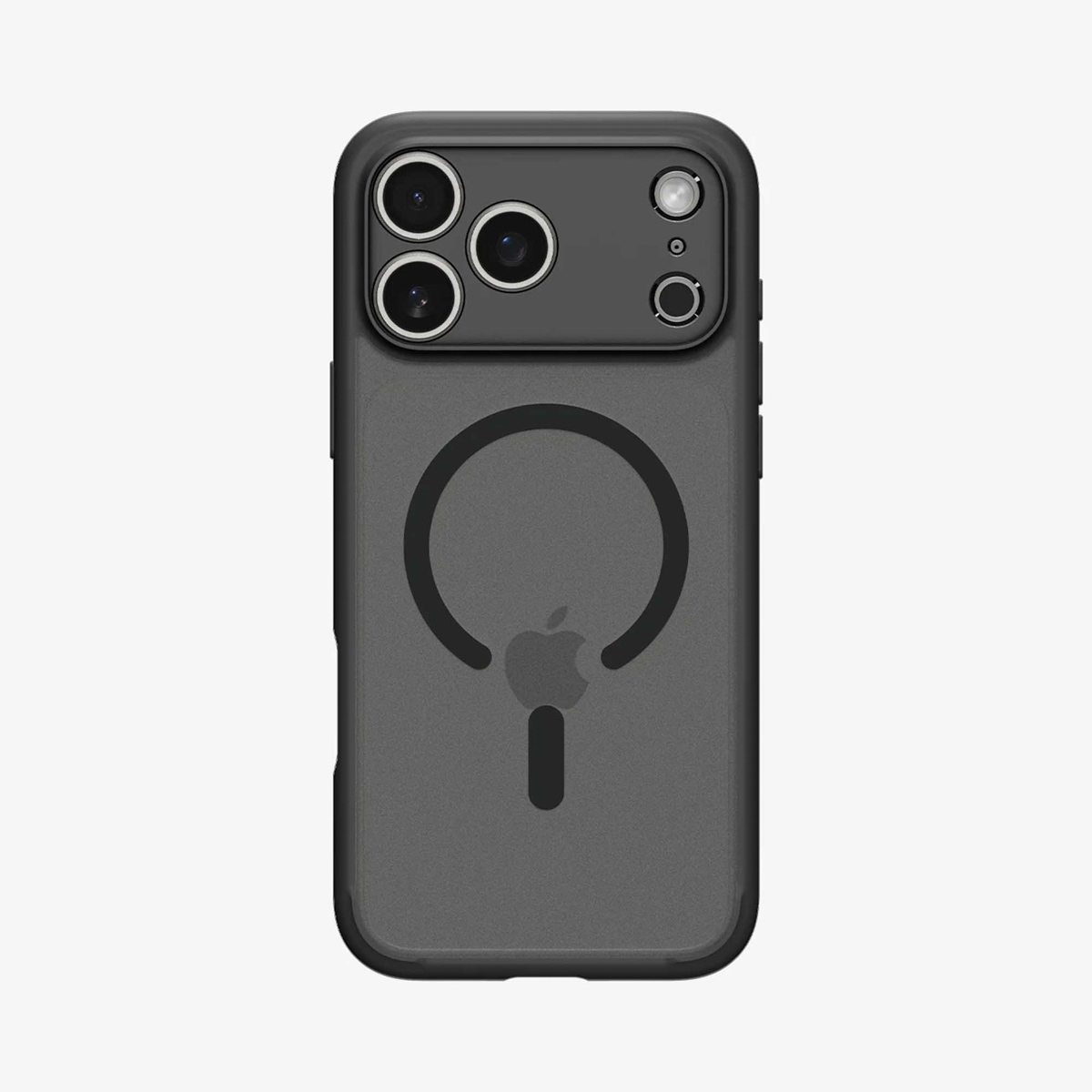 Une coque de téléphone noire avec module caméra. Elle présente un logo Apple et un design circulaire, sur fond blanc.