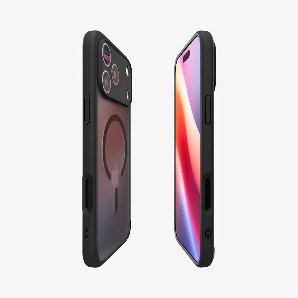 Deux coques noires pour iPhone, une avec des lentilles de caméra visibles, l'autre affichant les couleurs de l'écran. Les deux sur fond blanc.