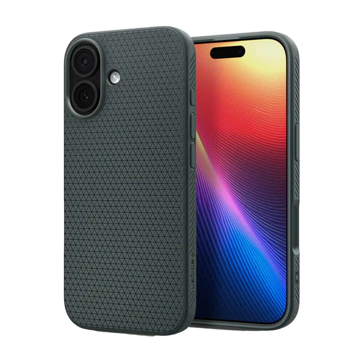 Een smartphone in een donkergrijze hoes, met een getextureerd oppervlak. Het scherm toont een kleurrijke, abstracte achtergrond. De hoes is iets open.