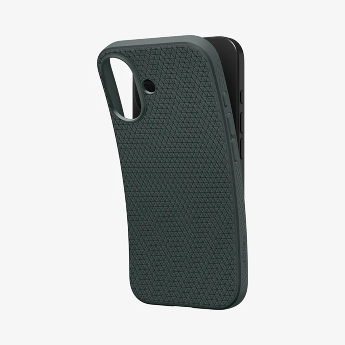 Een donkergroene telefoonhoes met een textuuroppervlak, schuin, met een zwarte telefoon gedeeltelijk erin. Witte achtergrond.