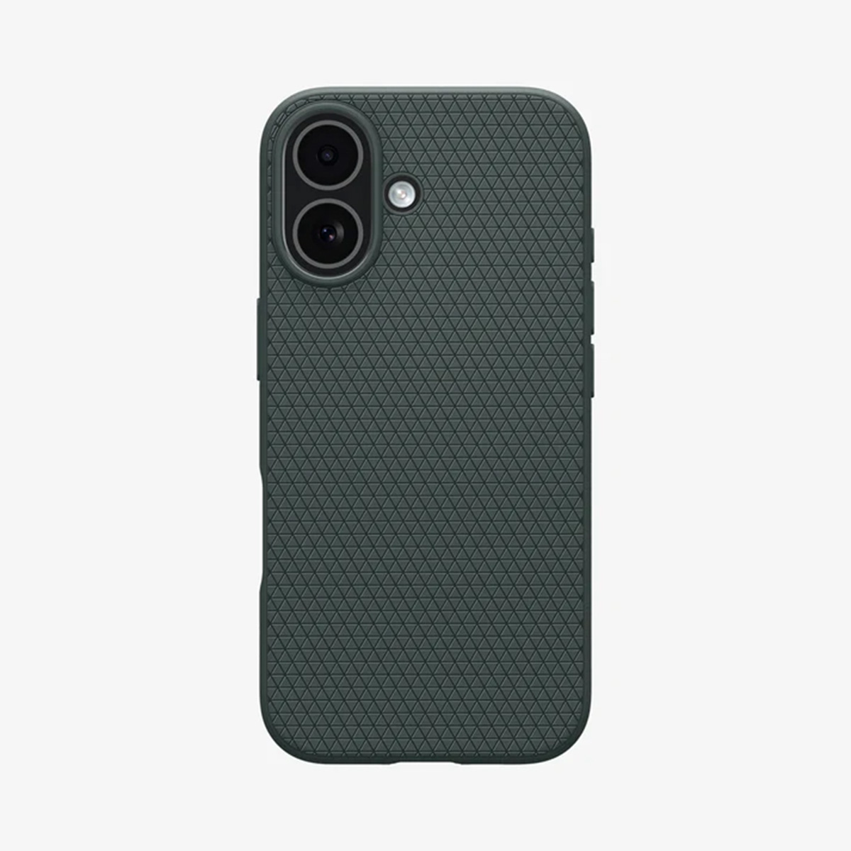 Een donkergroene telefoonhoes met een textuur. Het heeft twee cameralenzen en een flits. De hoes is rechthoekig met afgeronde hoeken.