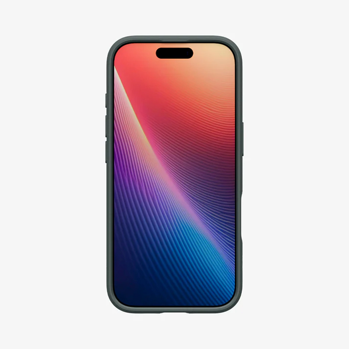 Smartphone met een scherm dat een kleurrijk, abstract ontwerp weergeeft. De telefoon heeft een groene hoes, op een witte achtergrond.