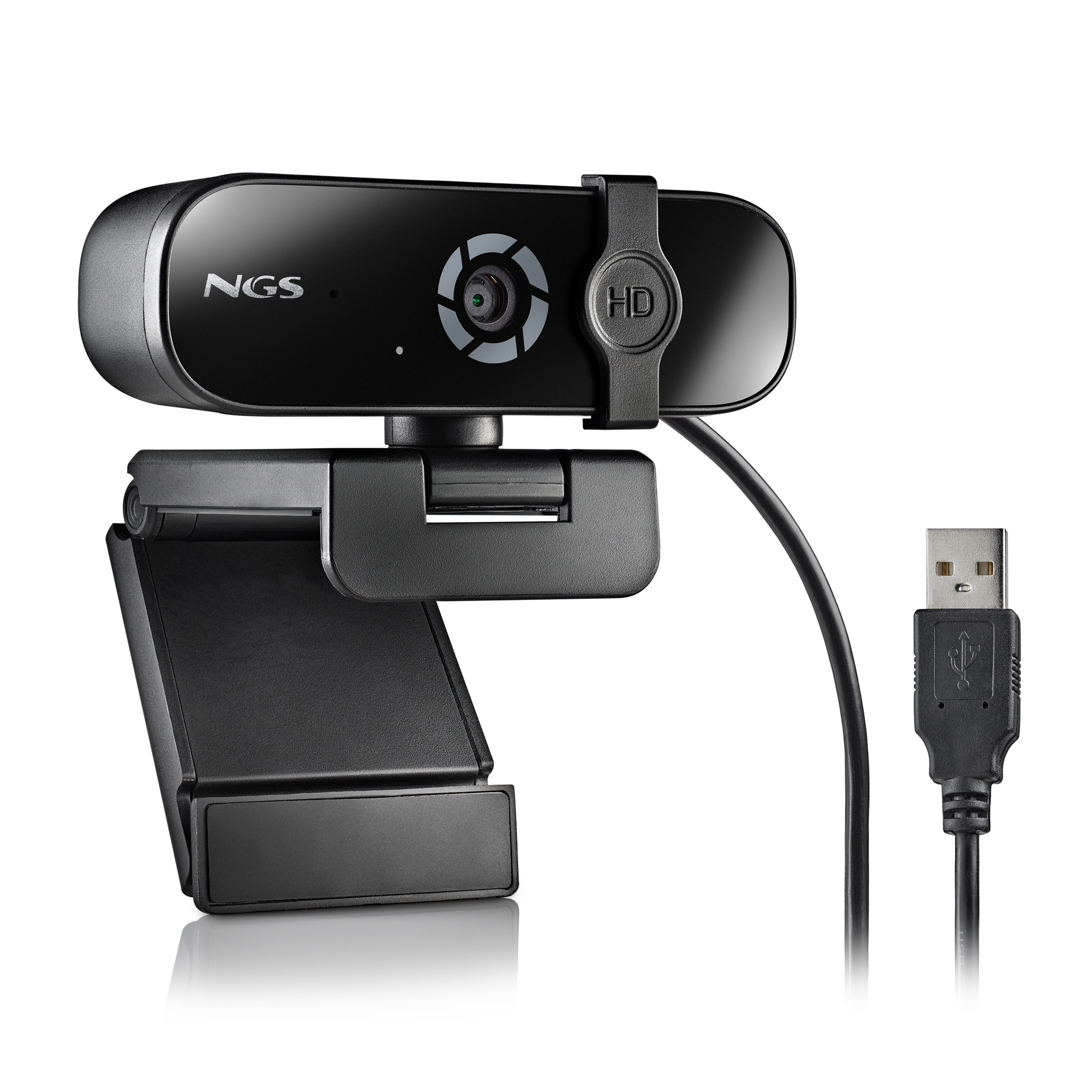 Webcam nera con cavo USB, su sfondo bianco. La webcam ha il marchio 'NGS' e un'etichetta 'HD'.