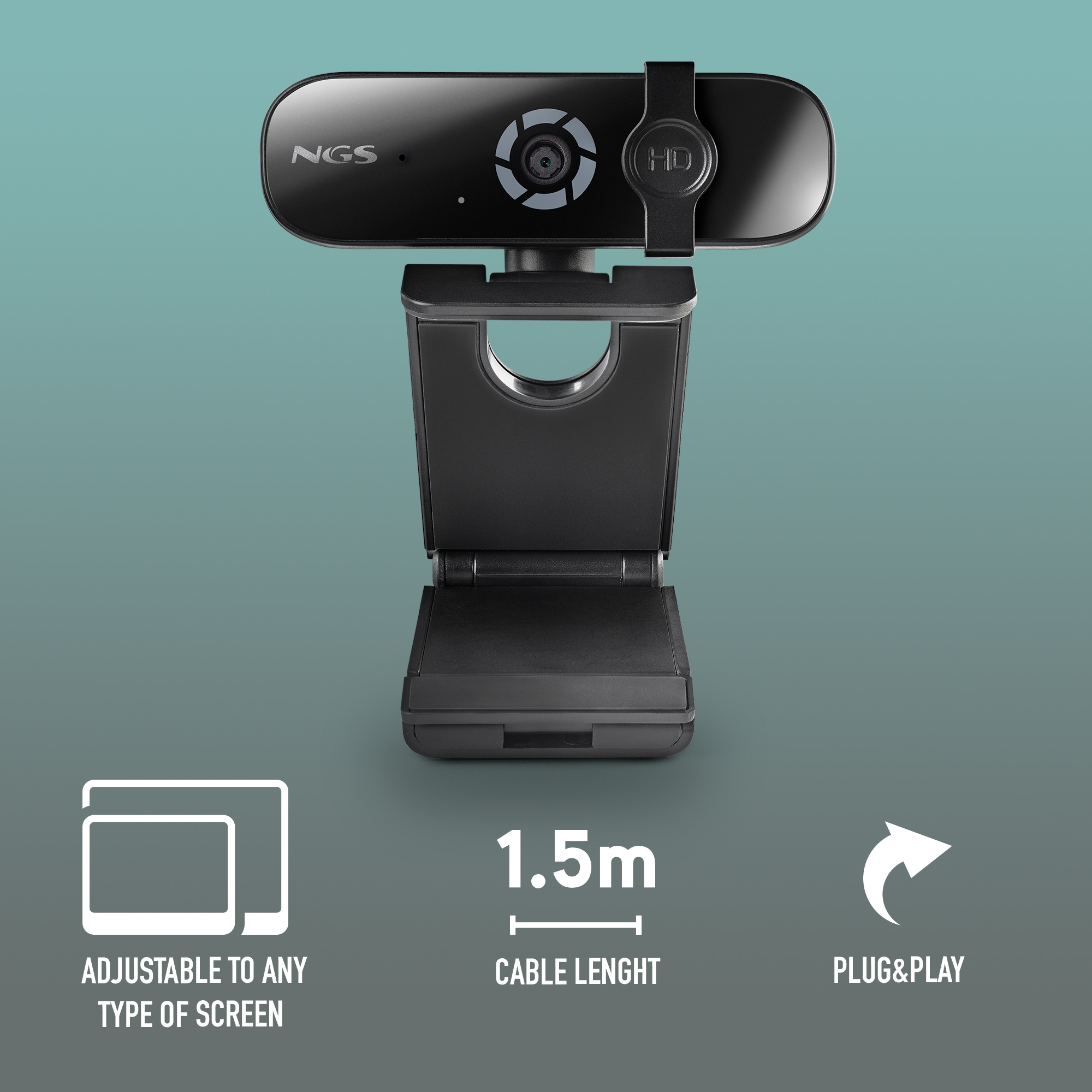 Webcam nera con supporto. Caratteristiche: HD, Plug&Play, regolabile agli schermi e cavo da 1,5 m. Sfondo verde.