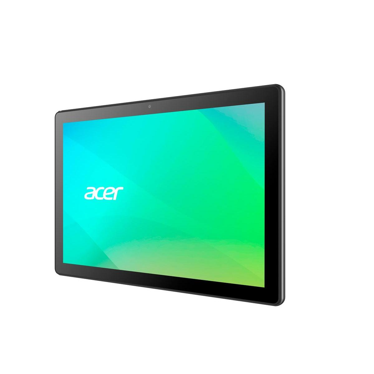 Una tableta Acer sobre un fondo blanco. La pantalla muestra un degradado verde y azul. El logotipo de Acer está en la parte inferior.