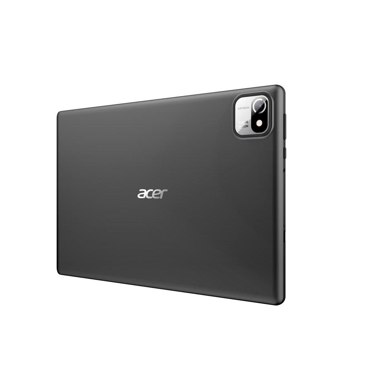 Una tableta Acer gris oscuro está ligeramente inclinada. El logotipo de Acer es visible. La cámara está en la esquina superior derecha. Fondo blanco.