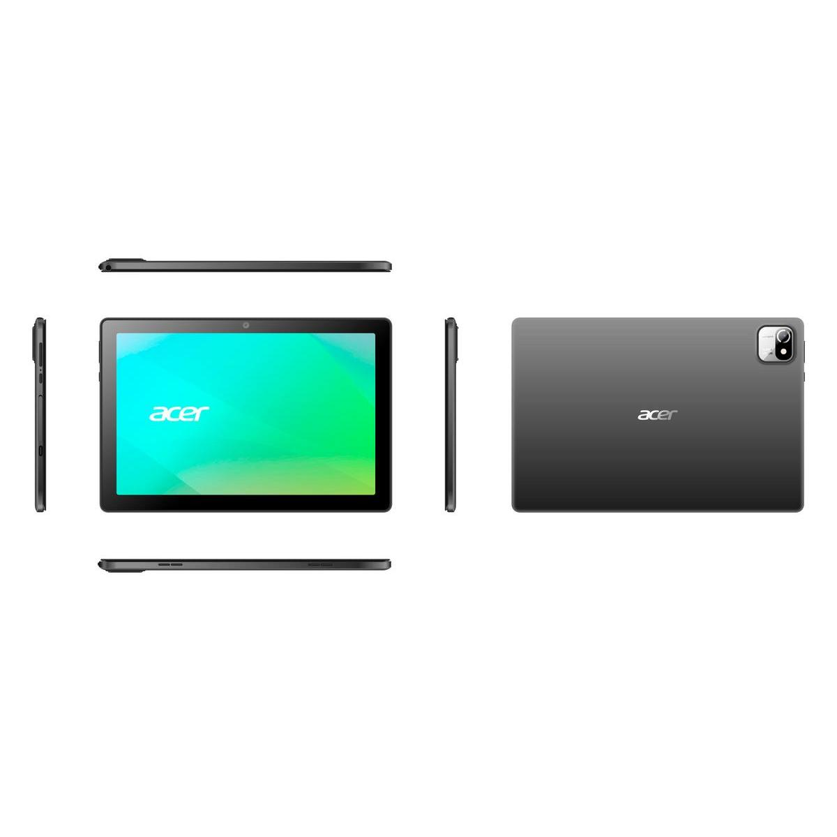 Una tableta Acer se muestra desde múltiples ángulos: vistas frontal, trasera, lateral y superior. La pantalla muestra un degradado verde y azul.