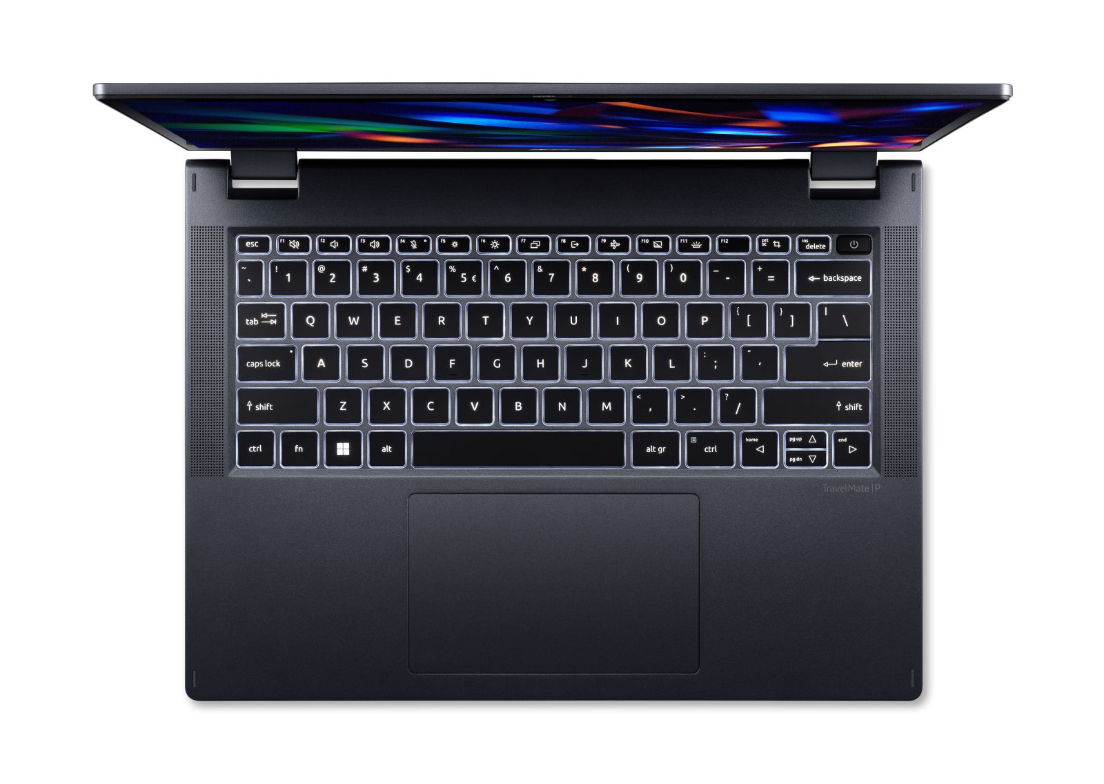Vista dall'alto di un laptop nero con tastiera e schermo illuminati, che mostra tasti e un touchpad. Lo schermo è aperto.