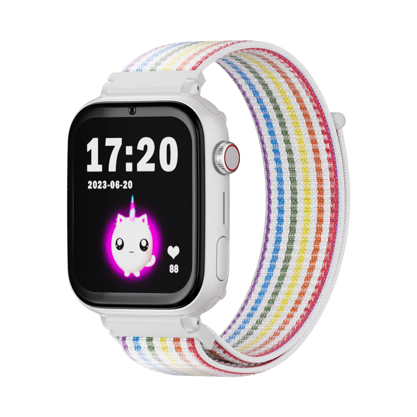 Eine weiße Smartwatch mit Regenbogenarmband. Der Bildschirm zeigt Zeit, Datum und ein Cartoon-Einhorn. Die Herzfrequenz beträgt 88.