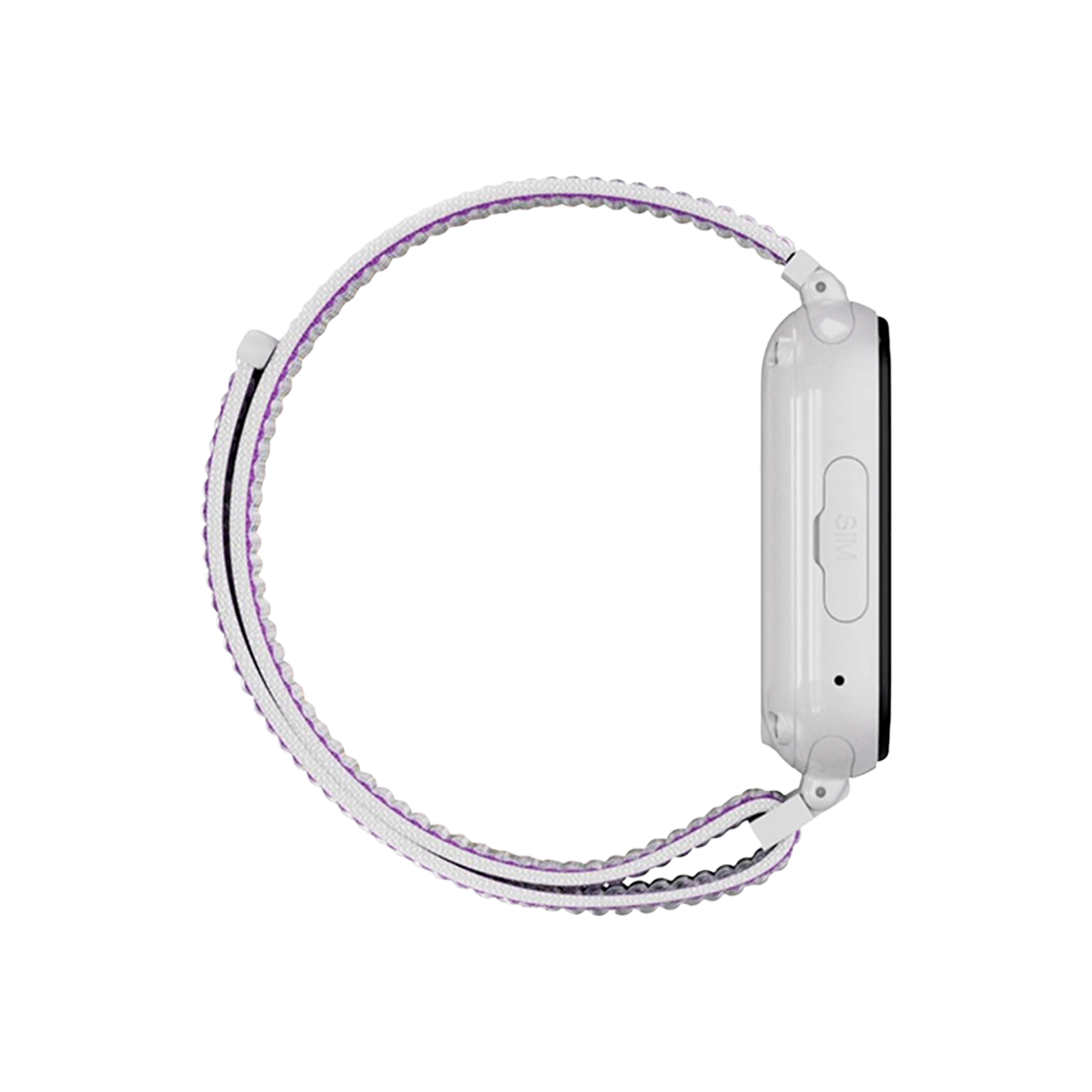 Eine weiße Smartwatch mit weißem und lila Armband wird vor weißem Hintergrund gezeigt. Die Uhr wird von der Seite betrachtet.