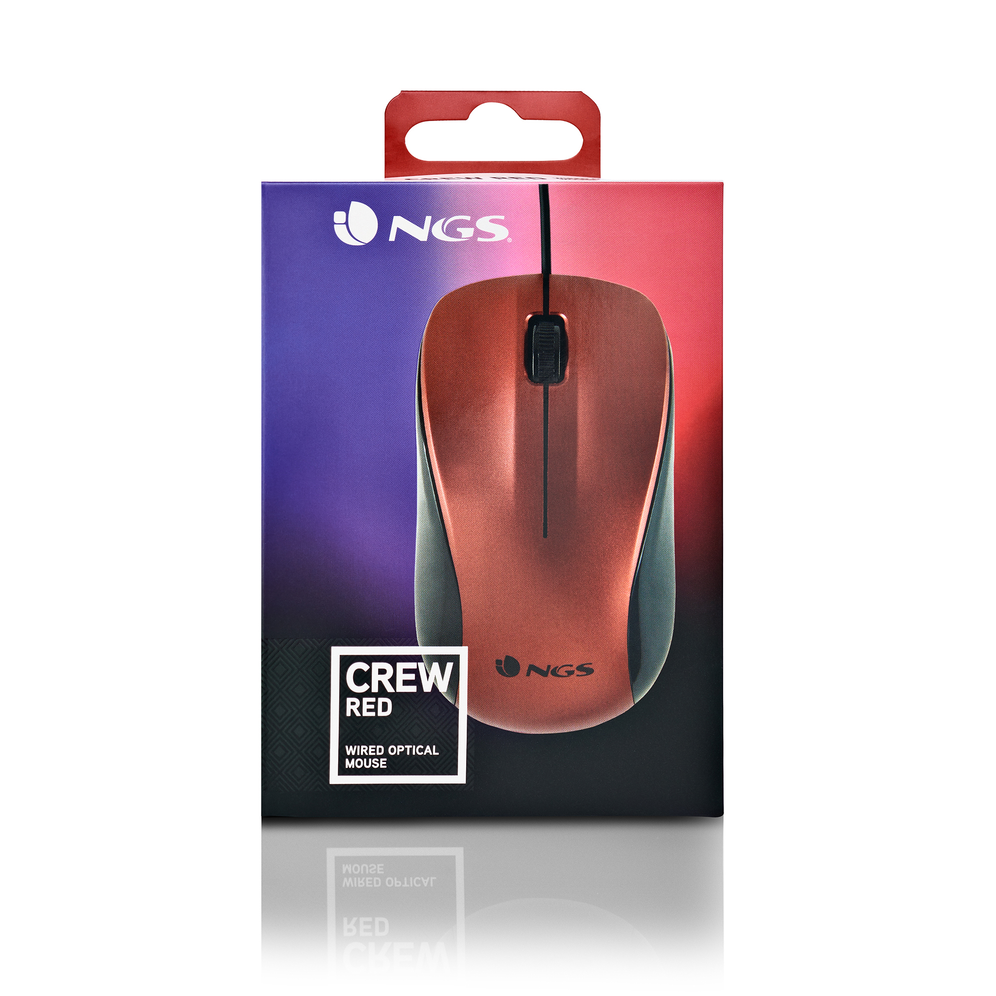 A box with a red and black mouse, labeled 'CREW RED' and 'WIRED OPTICAL MOUSE'. The brand is 'NGS'.