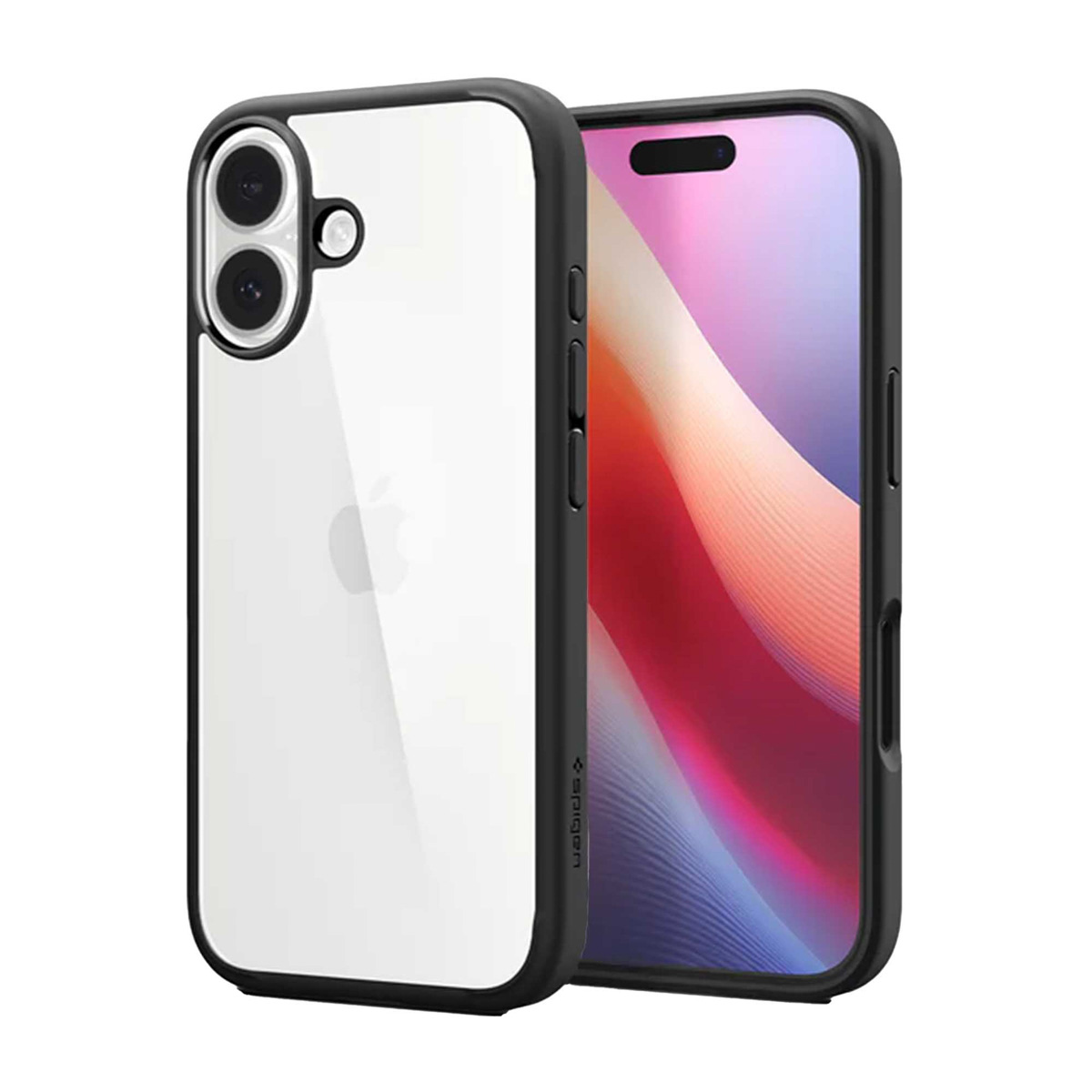 Deux iPhones, dont un avec une coque de protection. La coque est transparente avec des bords noirs. Le téléphone de droite a un écran rose et blanc.