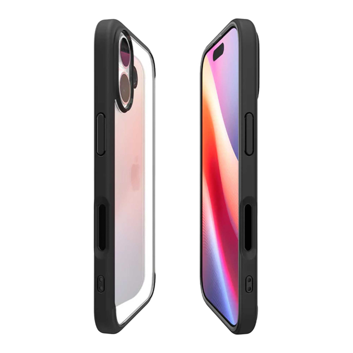 Deux smartphones dans des étuis noirs, l'un montrant l'arrière et l'appareil photo, l'autre l'écran avec un affichage coloré.