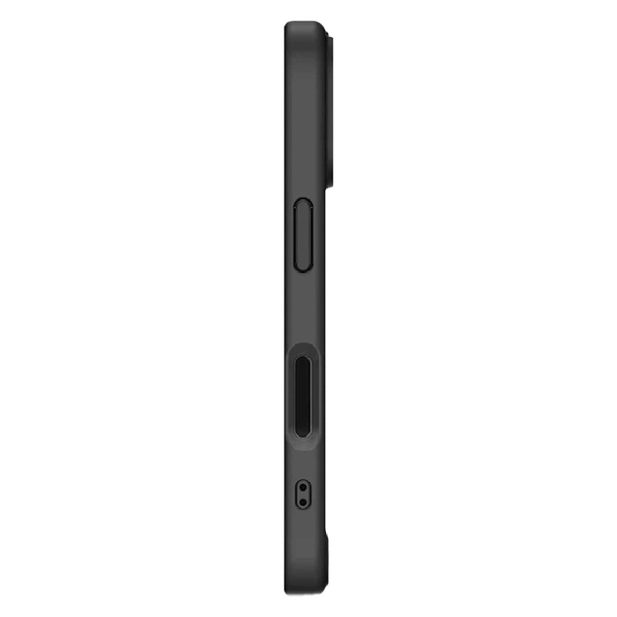 Une coque de téléphone noire, vue de côté. Elle comporte un trou pour l'appareil photo, un bouton et un port de charge. La coque est mate.