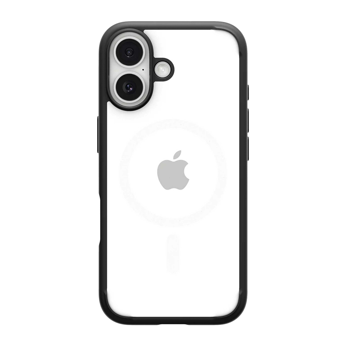 Un étui de téléphone transparent avec une bordure noire est montré. Le téléphone a un module caméra et un logo Apple au centre. Le fond est blanc.