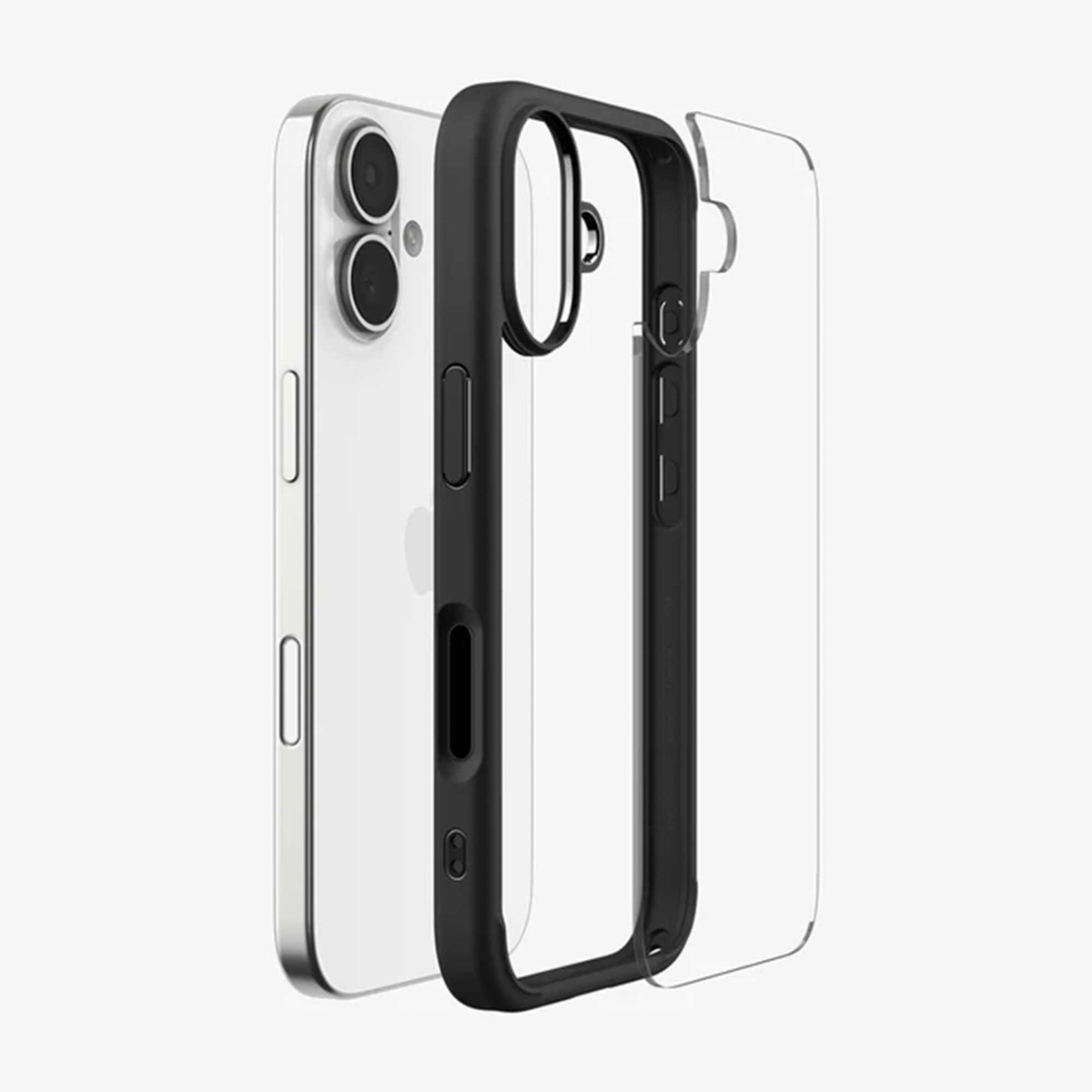 Un iPhone blanc avec un étui noir et une coque arrière transparente. Le téléphone est partiellement visible, montrant la caméra et les boutons latéraux.