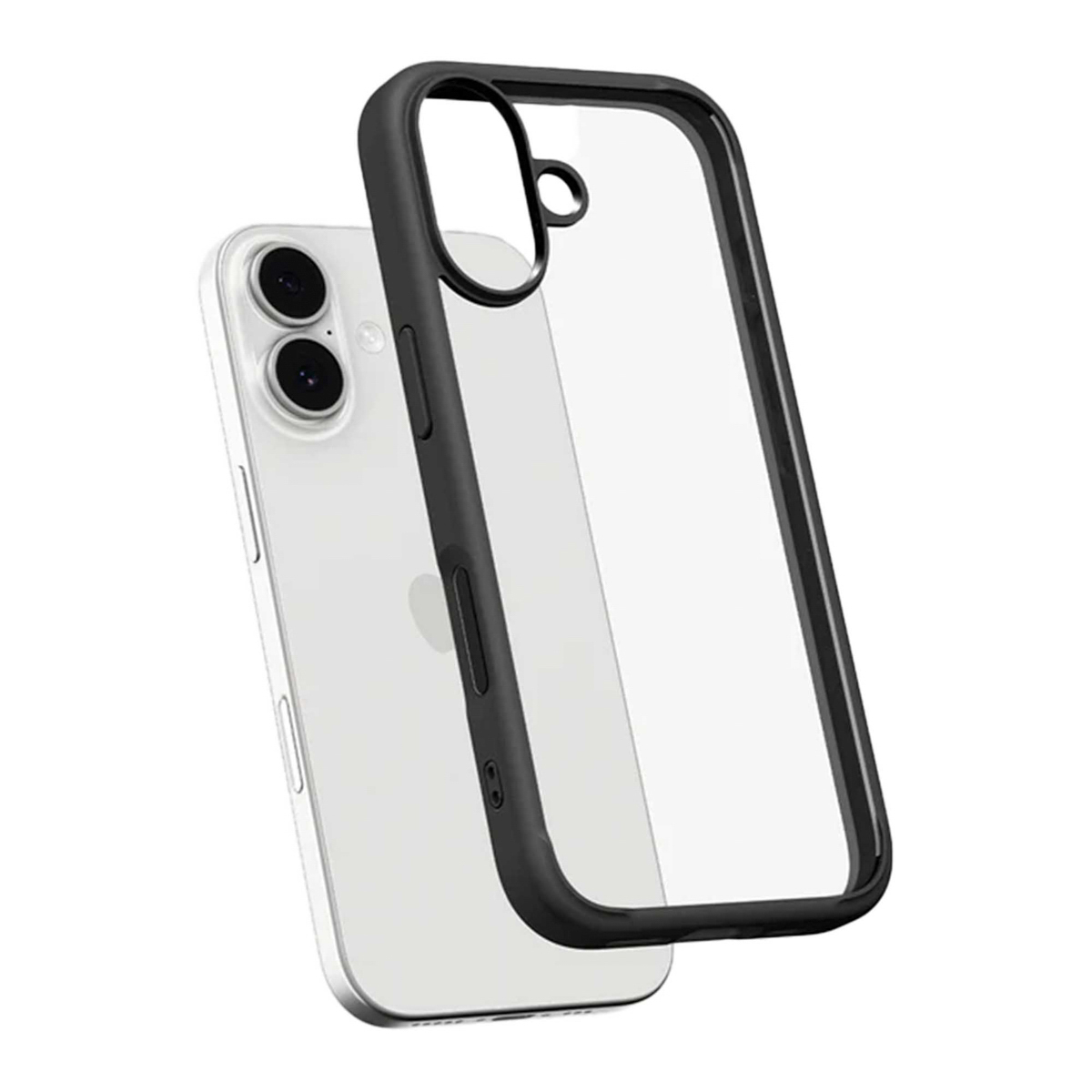 Un étui de téléphone transparent avec des bordures noires est affiché près d'un téléphone blanc. L'étui recouvre partiellement le téléphone.