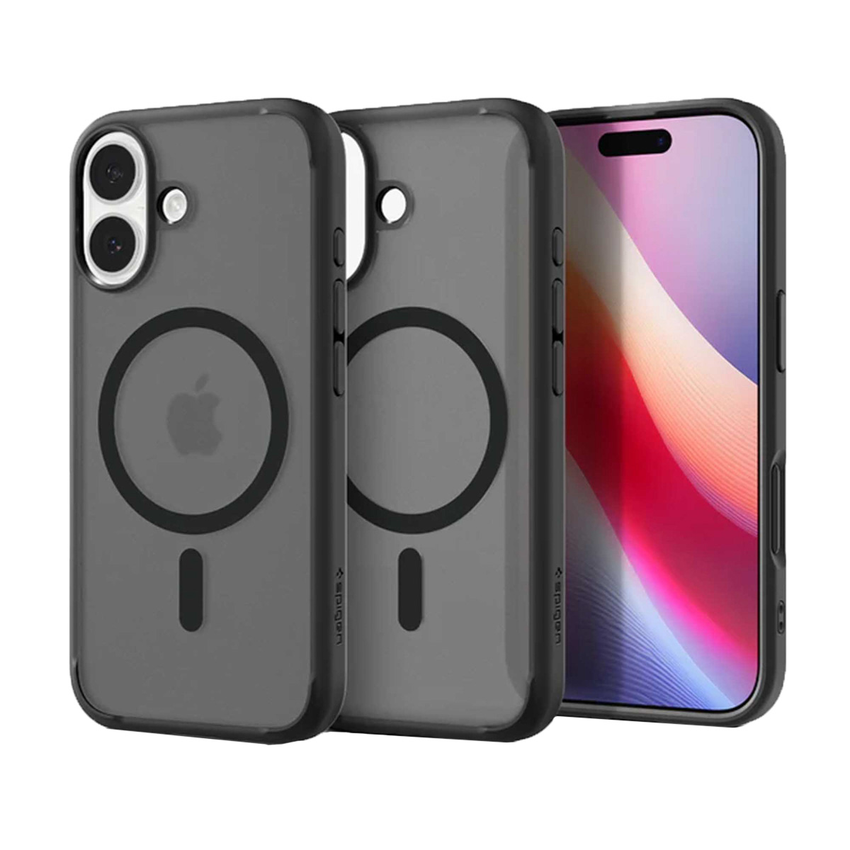 Drie transparante telefoonhoesjes met zwarte rand, die de achterkant van een telefoon en twee hoesjes met Apple-logo laten zien.