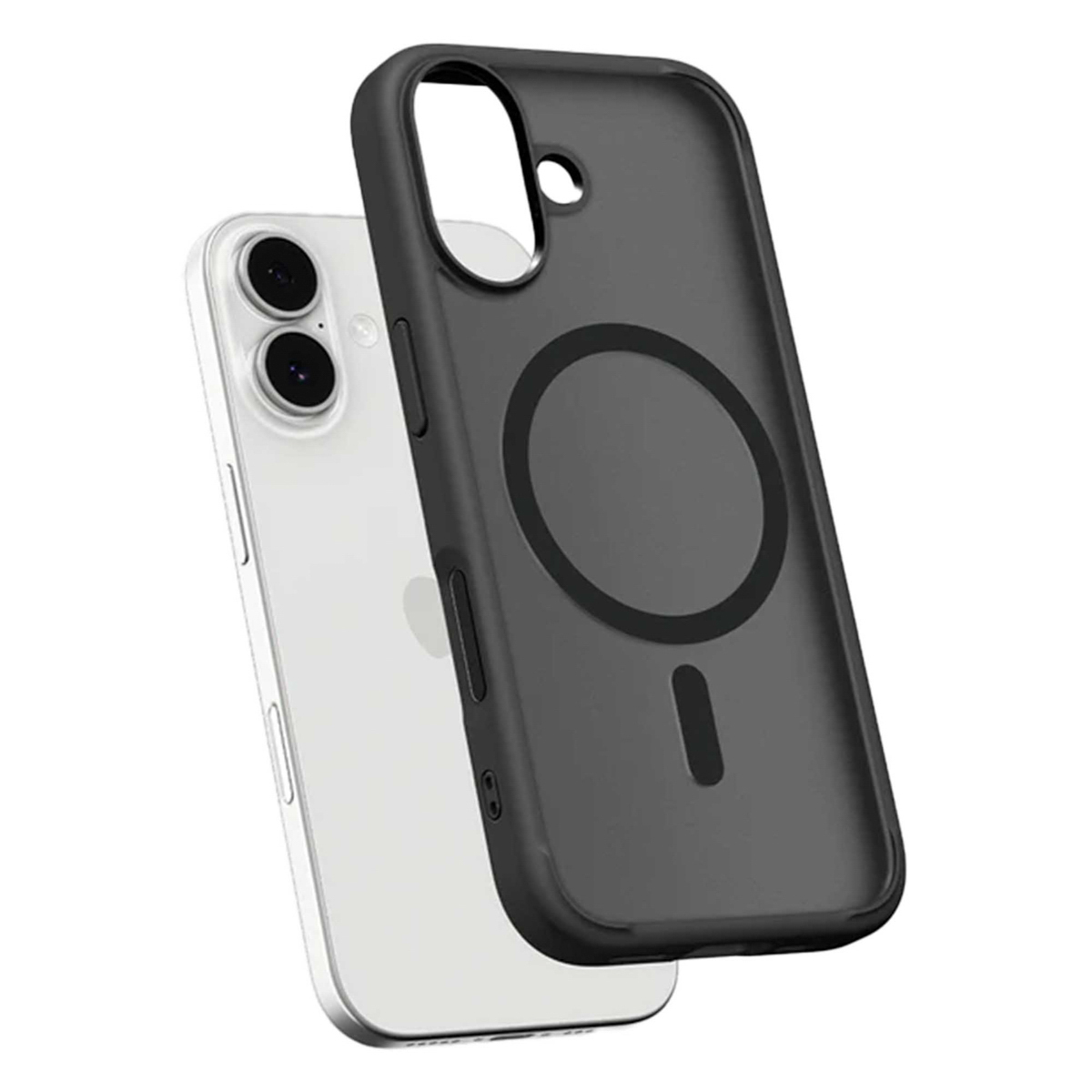 Een witte smartphone naast een zwarte telefoonhoes. De hoes heeft een cirkelvormig ontwerp en een uitsparing voor de camera.