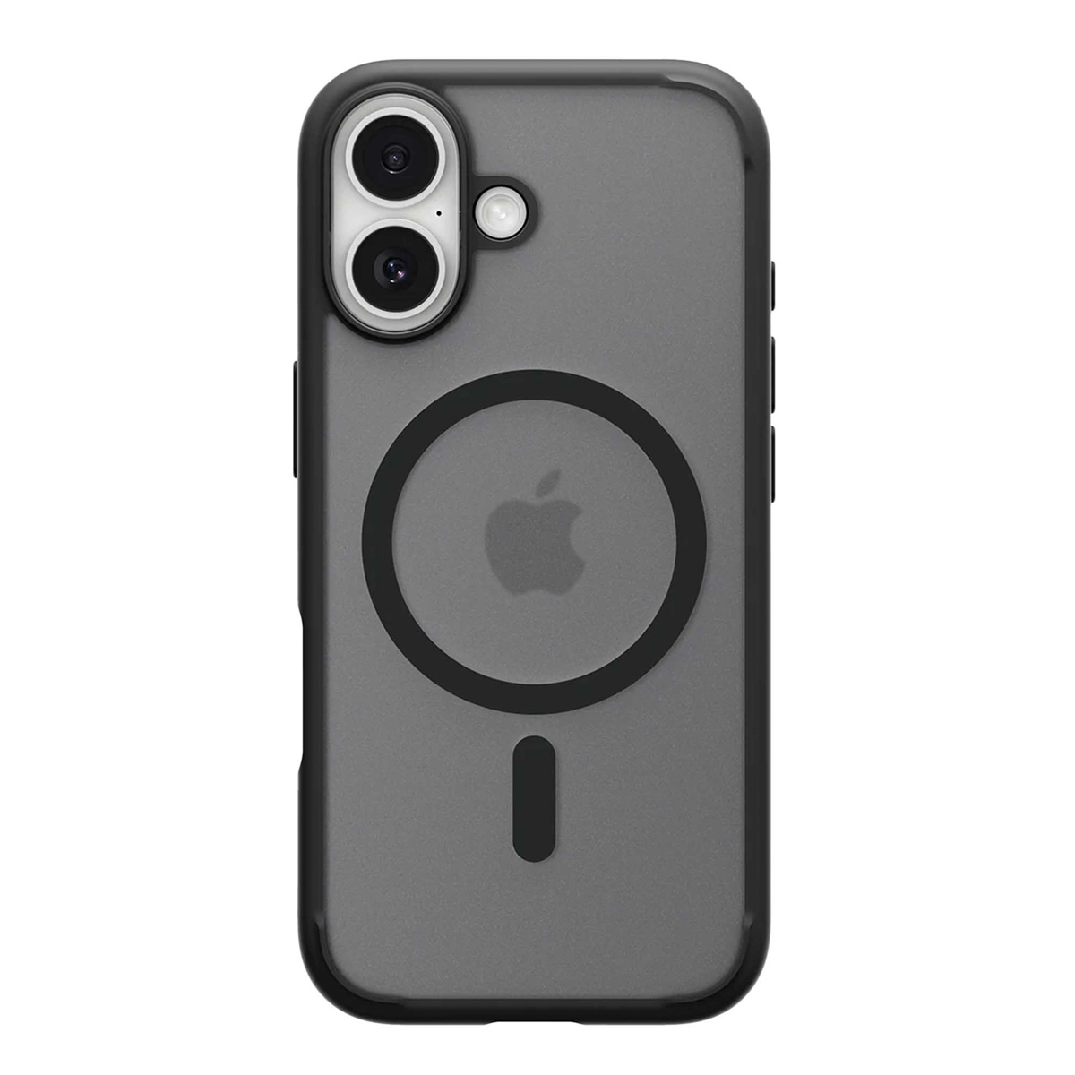 Een donkergrijze iPhone-hoes met zwarte rand. Het heeft cameralenzen en een Apple-logo met een magnetische cirkel.