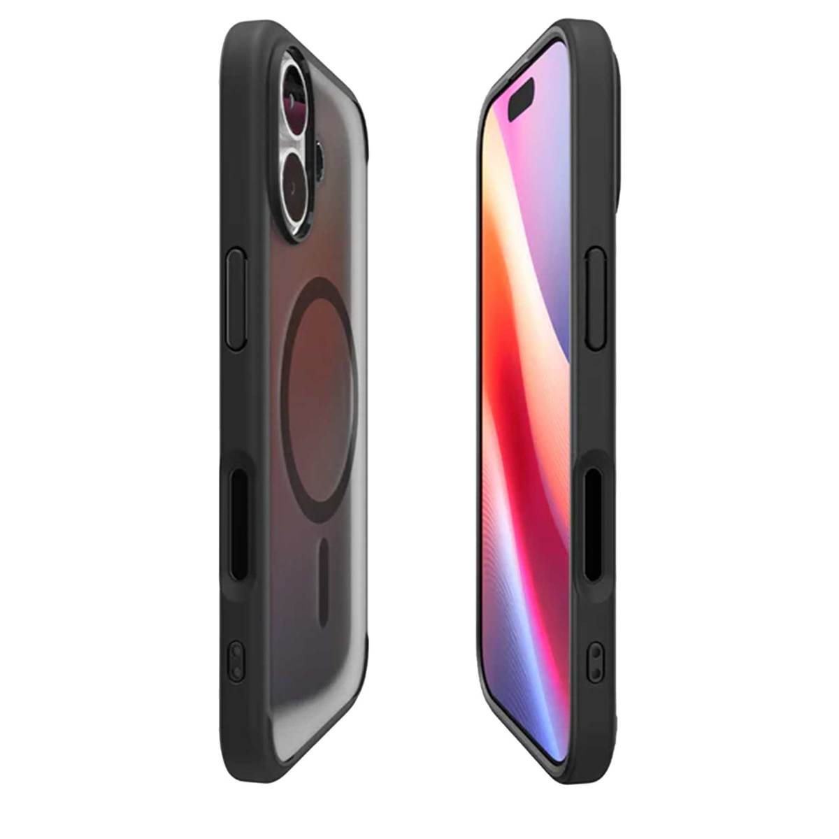 Twee zwarte telefoonhoesjes worden naast elkaar getoond. Eén hoesje heeft een telefoon erin. De schermen tonen kleurverlopen.