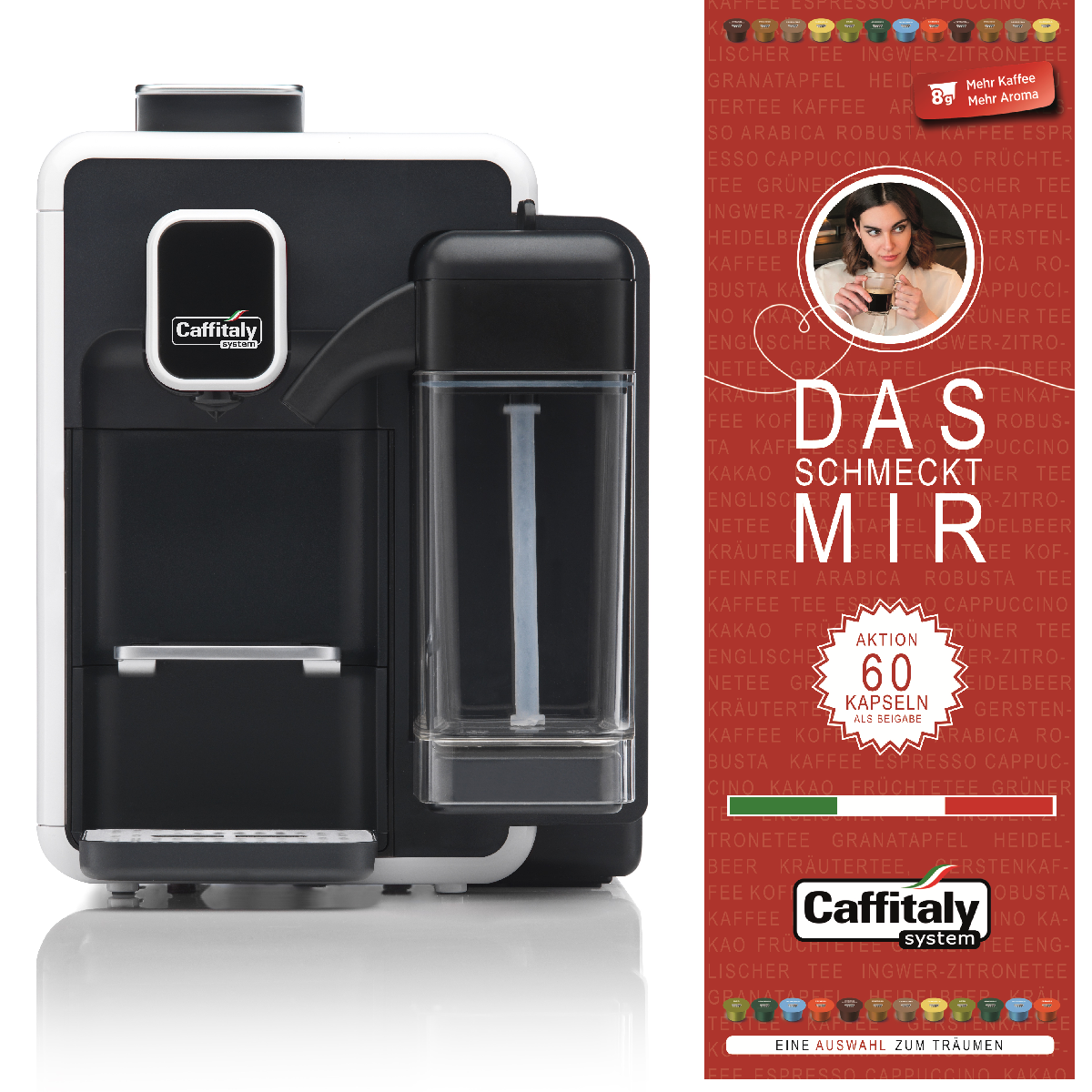 Eine schwarz-weiße Caffitaly-Kaffeemaschine mit Wassertank und Werbeanzeige für Kapselauswahl.