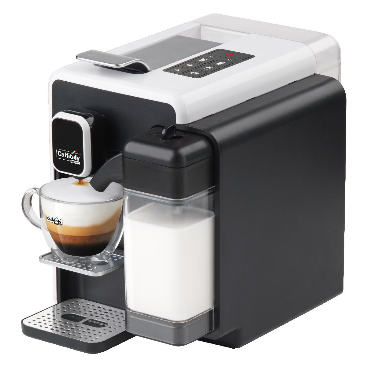 Eine Caffitaly-Kaffeemaschine mit einer Glastasse Cappuccino. Die Maschine ist schwarz-weiß mit einem Milchbehälter.