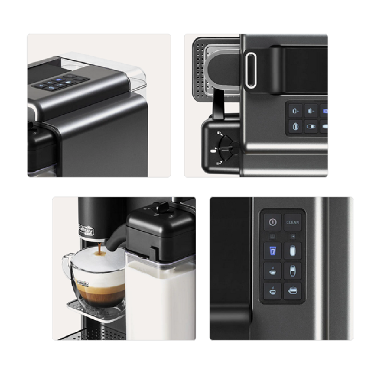 Vier Nahaufnahmen einer schwarzen Kaffeemaschine. Details umfassen Knöpfe, einen Milchbehälter und eine Tasse mit geschichtetem Kaffee.