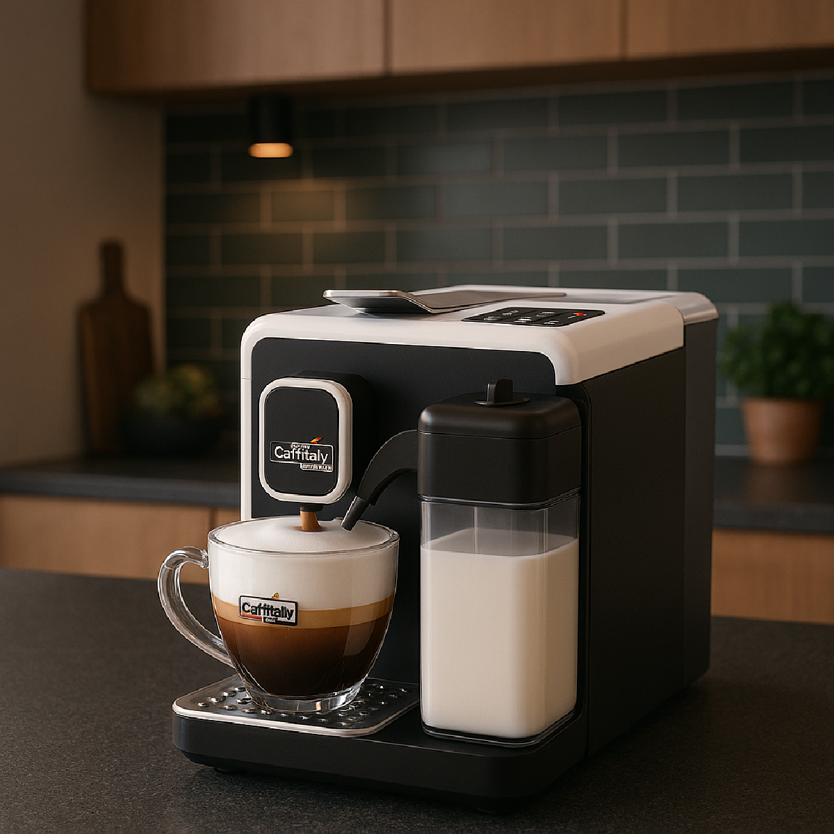 Eine Kaffeemaschine mit einer Glas-Kaffeetasse und Milch. Die Maschine ist schwarz und weiß. Der Hintergrund ist eine Küche.
