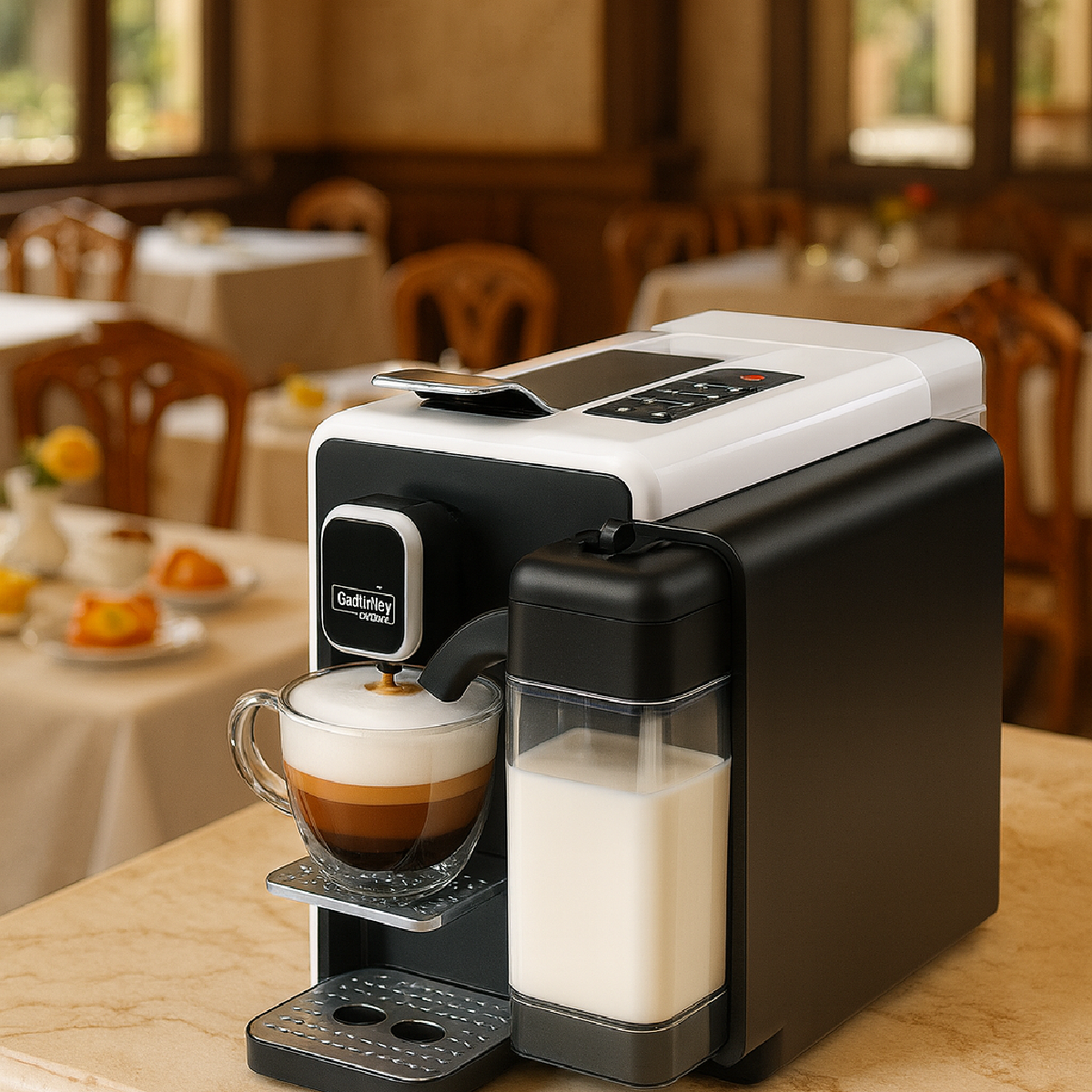 Kaffeemaschine mit einem Glas Kaffee mit Schichten und einem Milchbehälter. Tische und Stühle sind im Hintergrund.
