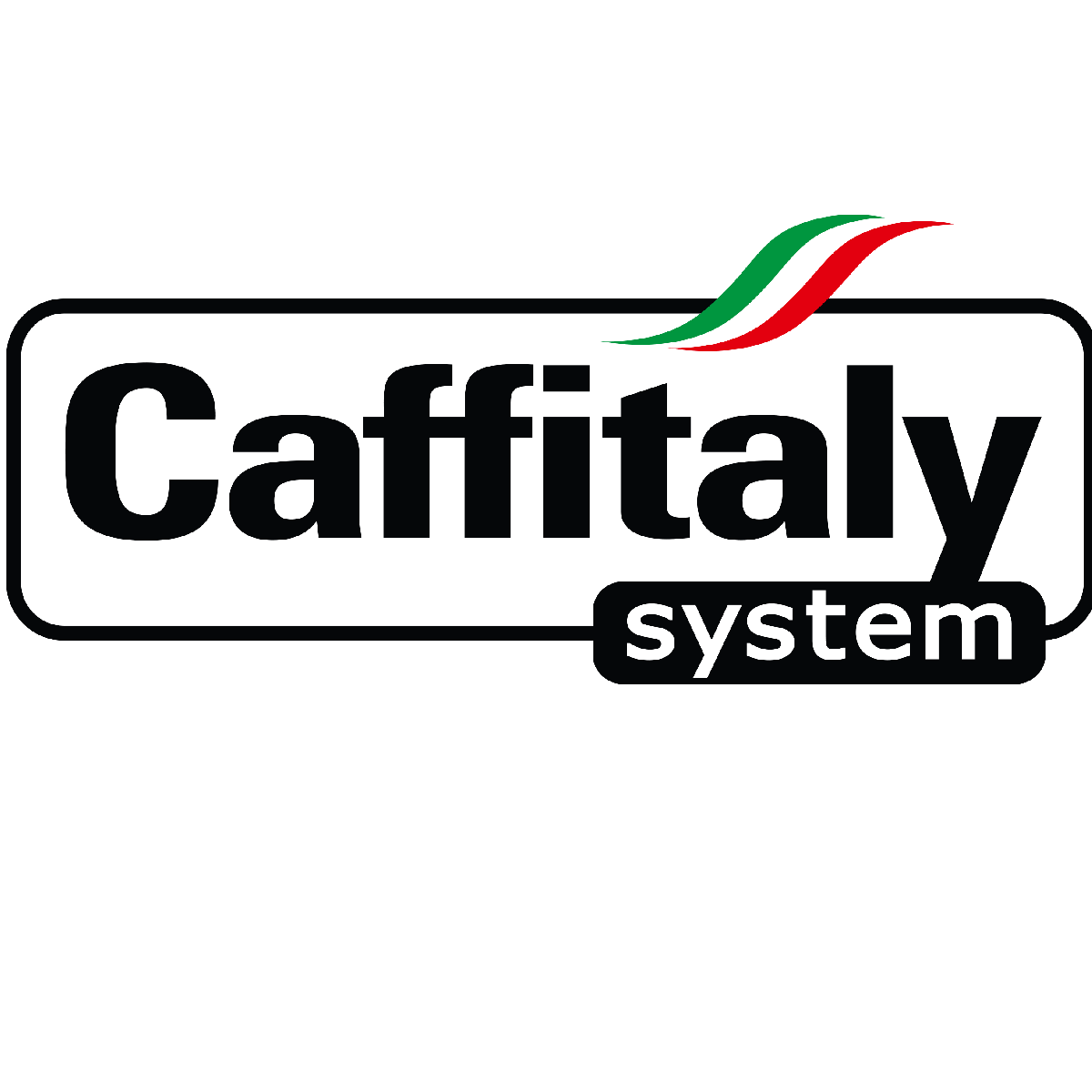 Caffitaly-Logo mit schwarzem Text in einem weißen Rechteck. System ist unten in einer schwarzen Box. Grüne und rote geschwungene Linien oben.