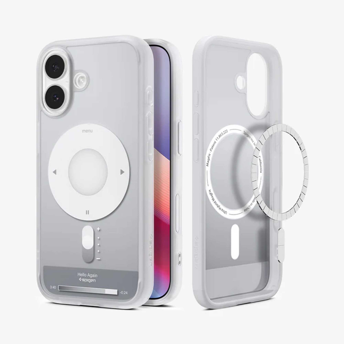 Transparante iPhone-hoes met een iPod-achtig ontwerp. De hoes is wit. Er is een ring voor MagSafe zichtbaar. Het scherm toont een roze en rode achtergrond.