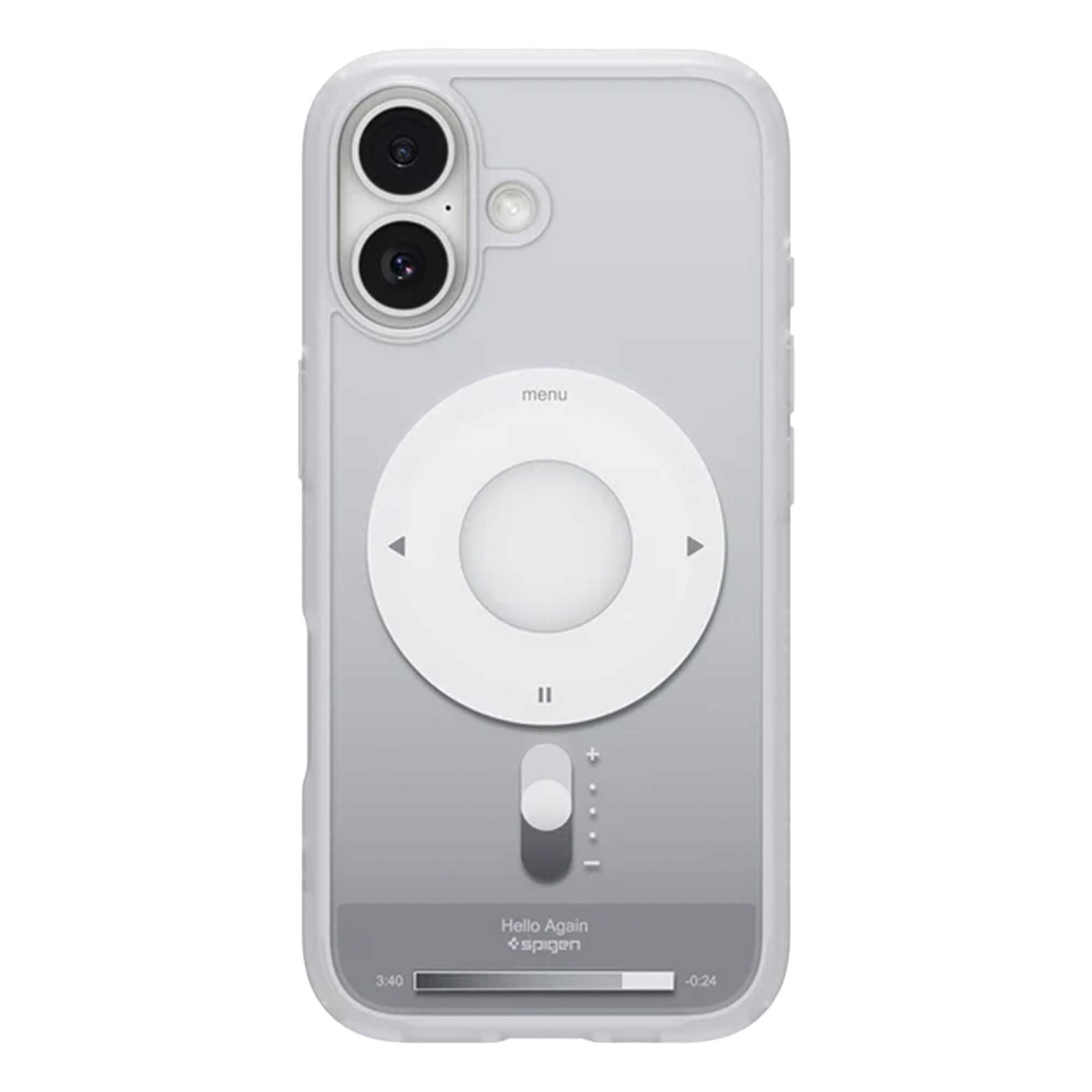 Telefoonhoesje met een wit iPod-ontwerp. Het heeft een cirkelvormig bedieningspaneel, een schuifregelaar en twee cameralenzen bovenaan.