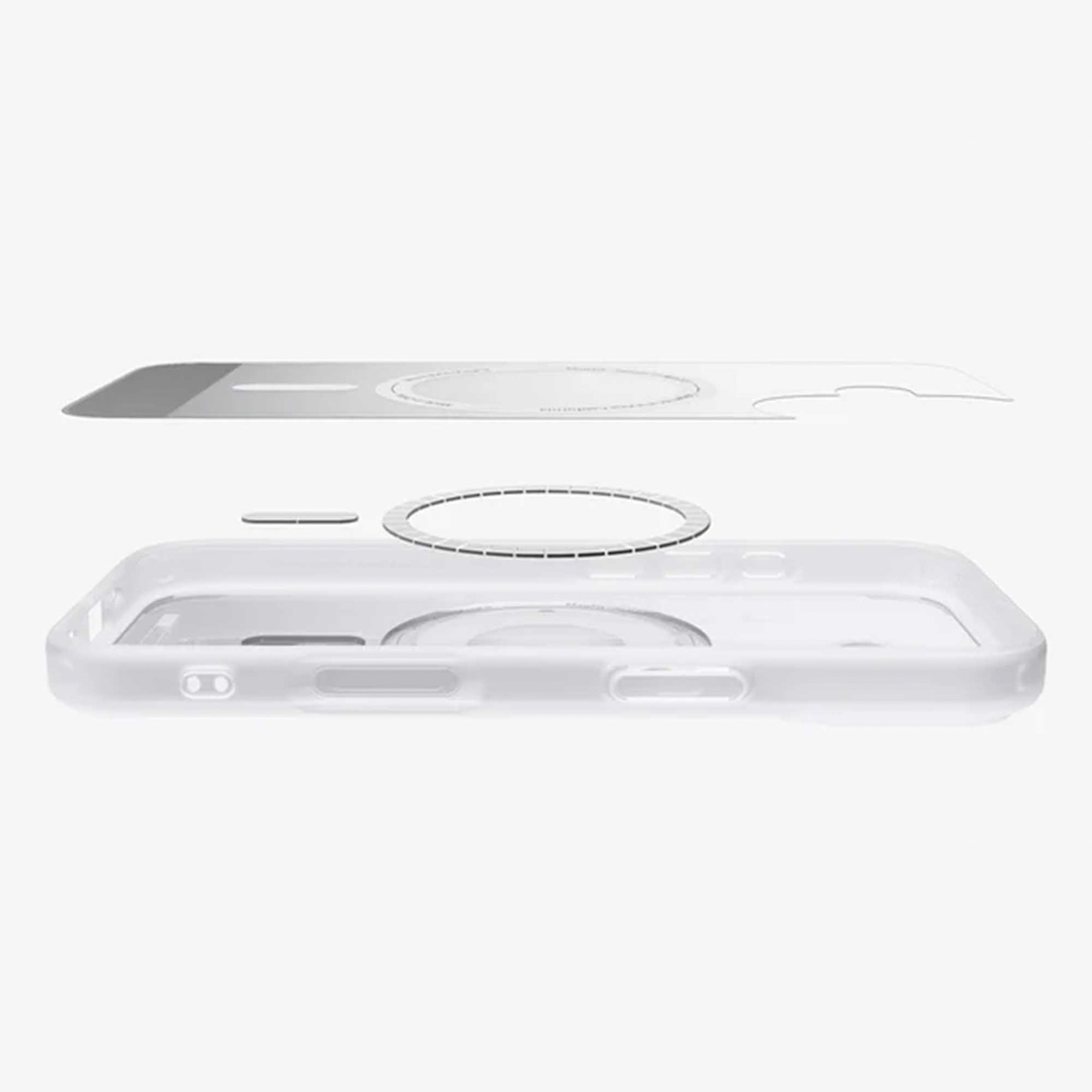 Een gedemonteerde telefoonhoes met componenten: doorzichtige hoes, magnetische ring en beschermfolie, op witte achtergrond.