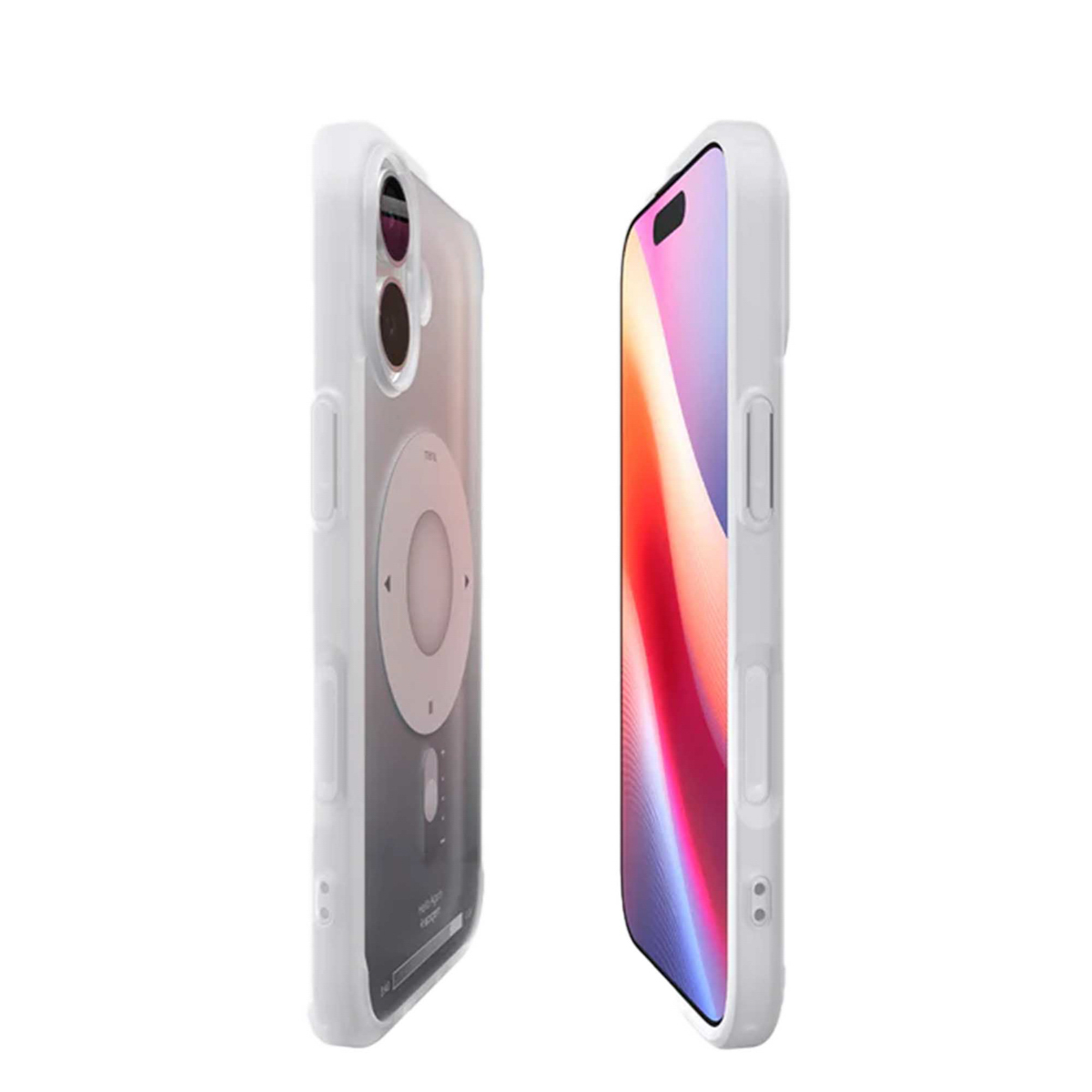 Twee telefoons in witte hoesjes, één met de achterkant met een wit cirkelvormig ontwerp, de ander een kleurrijk scherm, op een witte achtergrond.