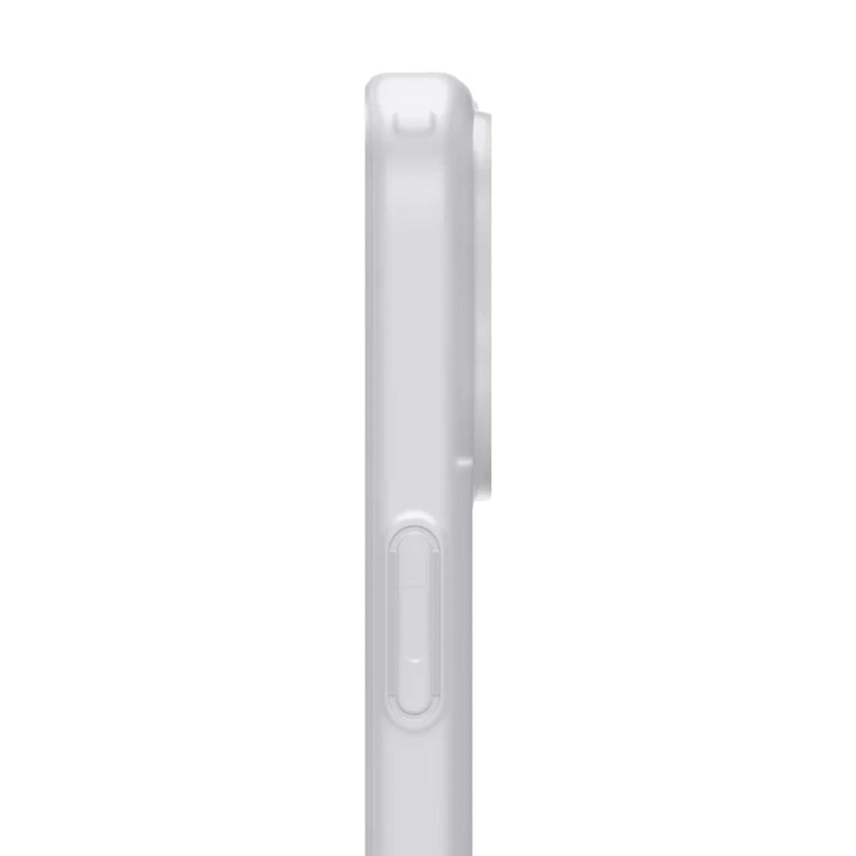 Een close-up zijaanzicht van een witte telefoonhoes. De aan/uit-knop en de camerabult zijn zichtbaar. De achtergrond is wit.